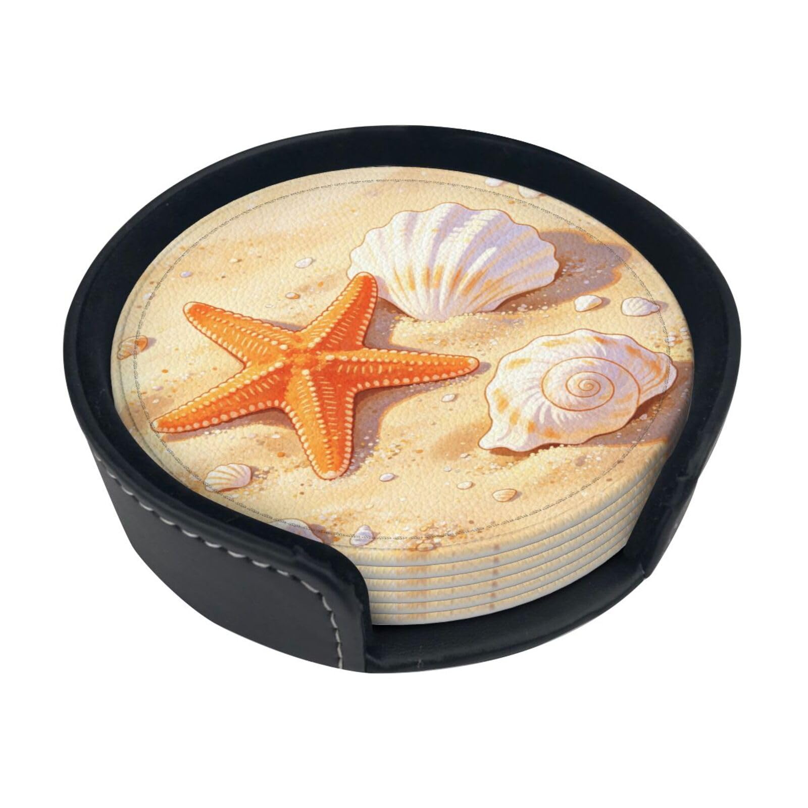 Cntdbu White Starfish Seashell Art Leather Coasters Set Of 6-Pu Leather Drink Mats For Table, Heat Resistant Round Coasters With Holder