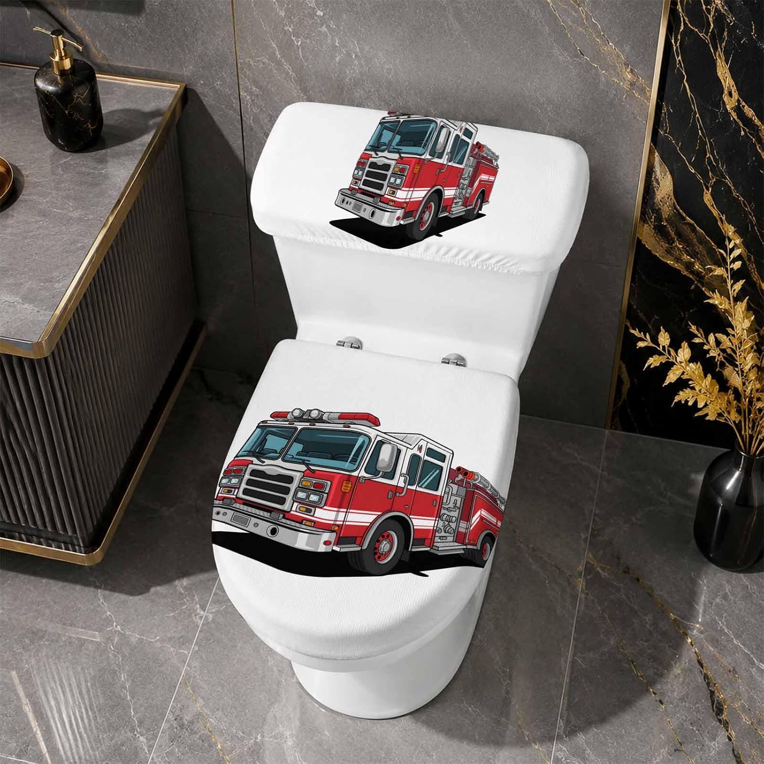 Red Fire Truck Toilet Lid Cover with Tank Cover Set 2pcs, Stretch Fabric Toilet Seat Protector, Funny Cute Car Washable Universal Fit Bathroom Accessories for Home Hotel Toilets