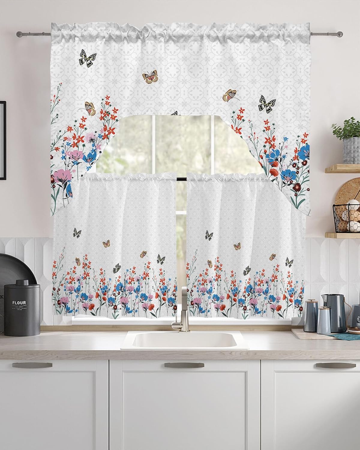 Spring Florals Swag Kitchen Curtain Sets with Valance,3
