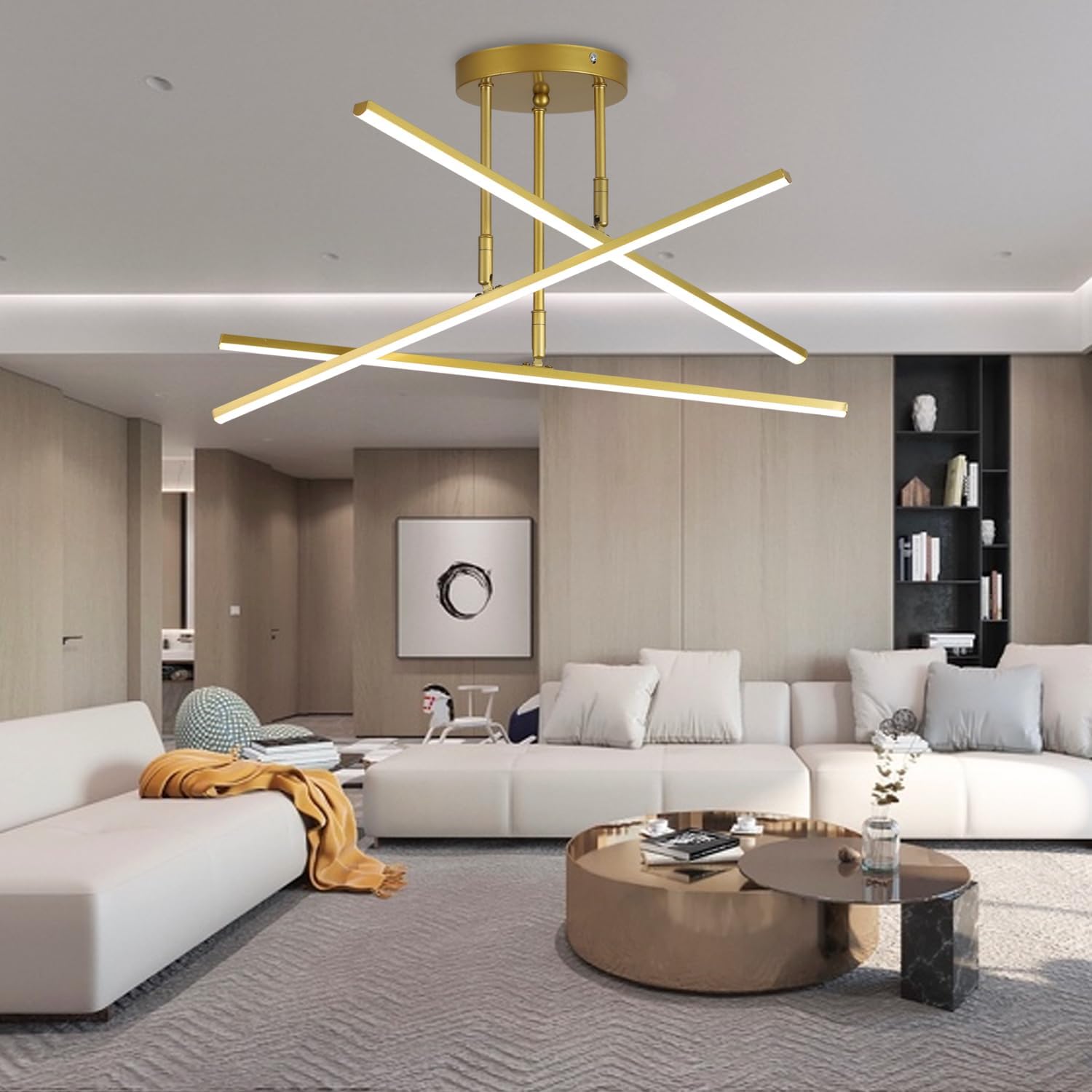 Black LED Chandelier, 3-Lights, Modern Semi Flush Mount, Sputnik Fixture for Living Room, Kitchen, Bedroom