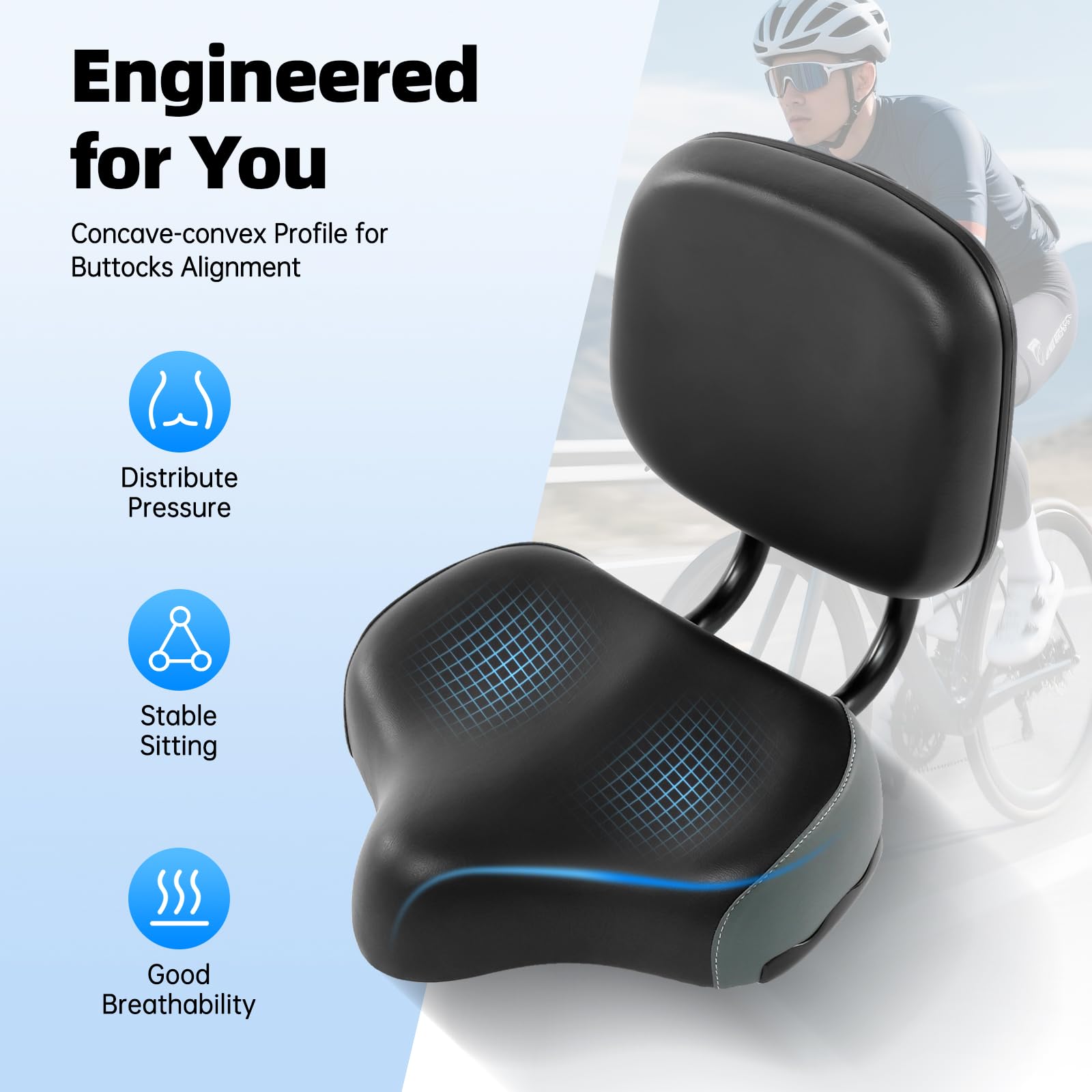 Cómodo asiento de bicicleta con respaldo,Asiento amplio y cómodo,Ancho del sillín de la tija del sillín,Acolchado ergonómico, Respaldo ajustable,Espuma de poliuretano amortiguadora,Asiento de repuesto