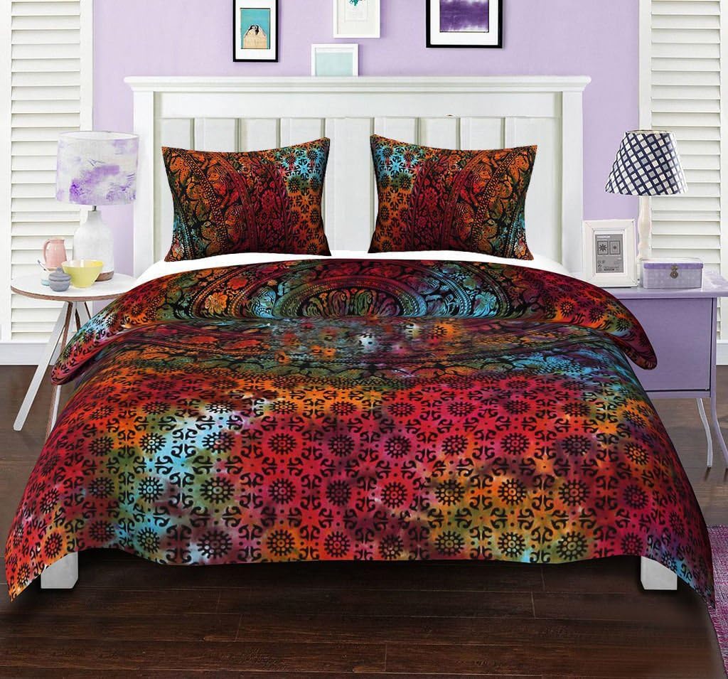 Vedant Designs Psychedelic Celestial Sun Moon Duvet Cover Set Indian Sun Hippie Hippy Bedding Set Tie Dye Comforter Cover (Green Ombre Duvet Cover)