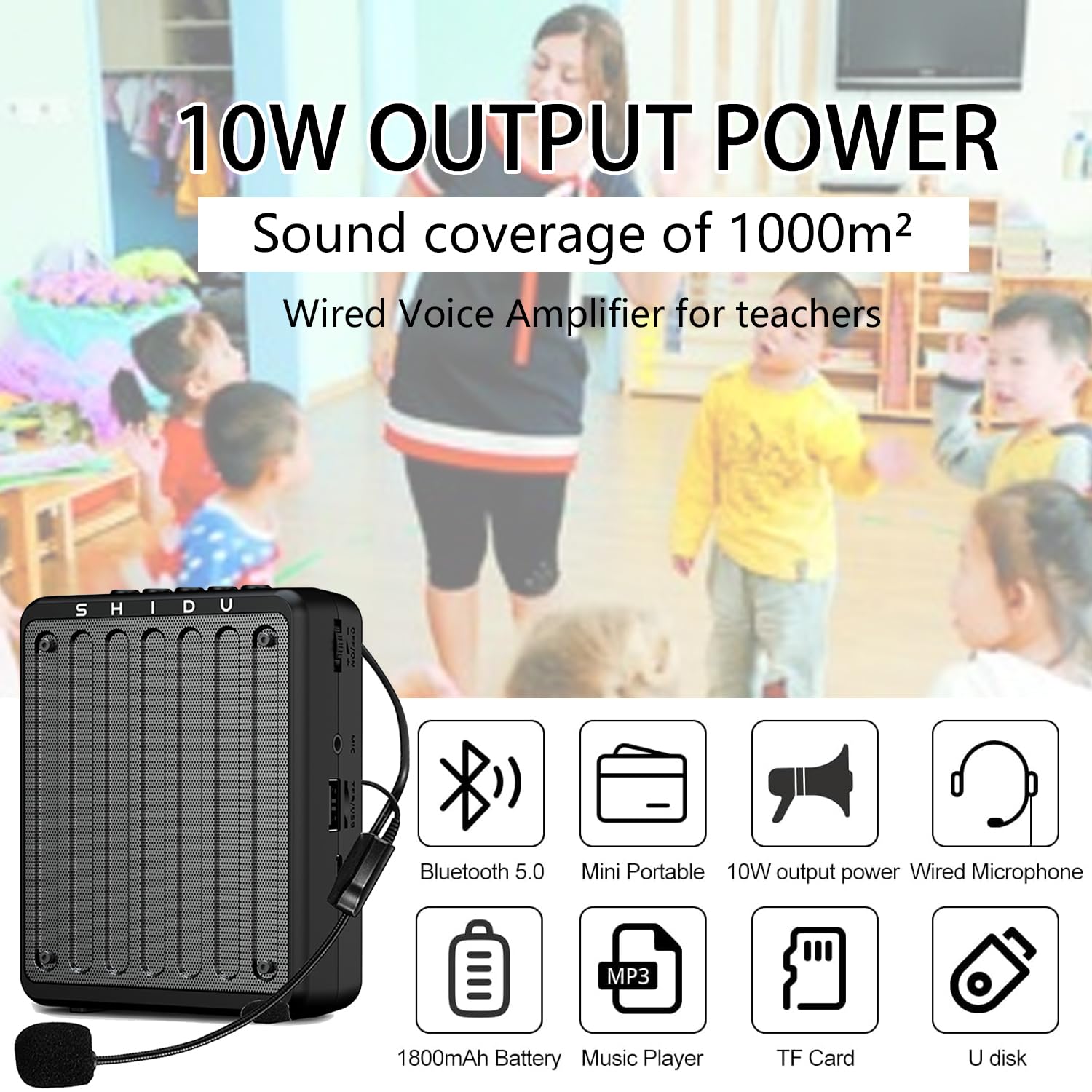 SHIDU Mini amplificador de voz recargable portátil para profesores con micrófono con cable y cintura, compatible con audio en formato MP3 para habla, clase, entrenamiento, guía turística,