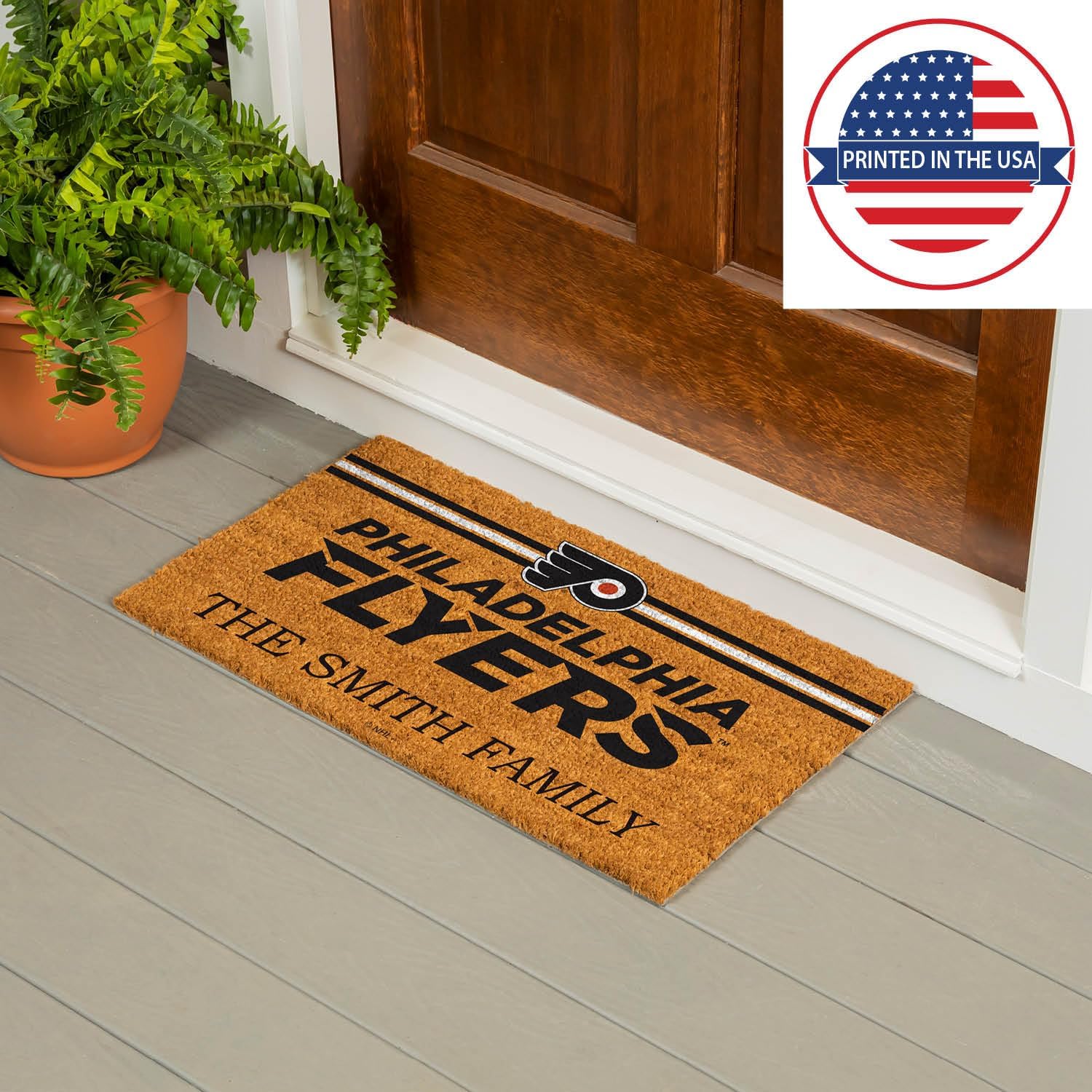 Team Sports America NHL Philadelphia Flyers Personalized Coir Door Mat, 18 x 30 Inches Custom Name Doormat with Non Slip Back, Front Door Welcome Mats