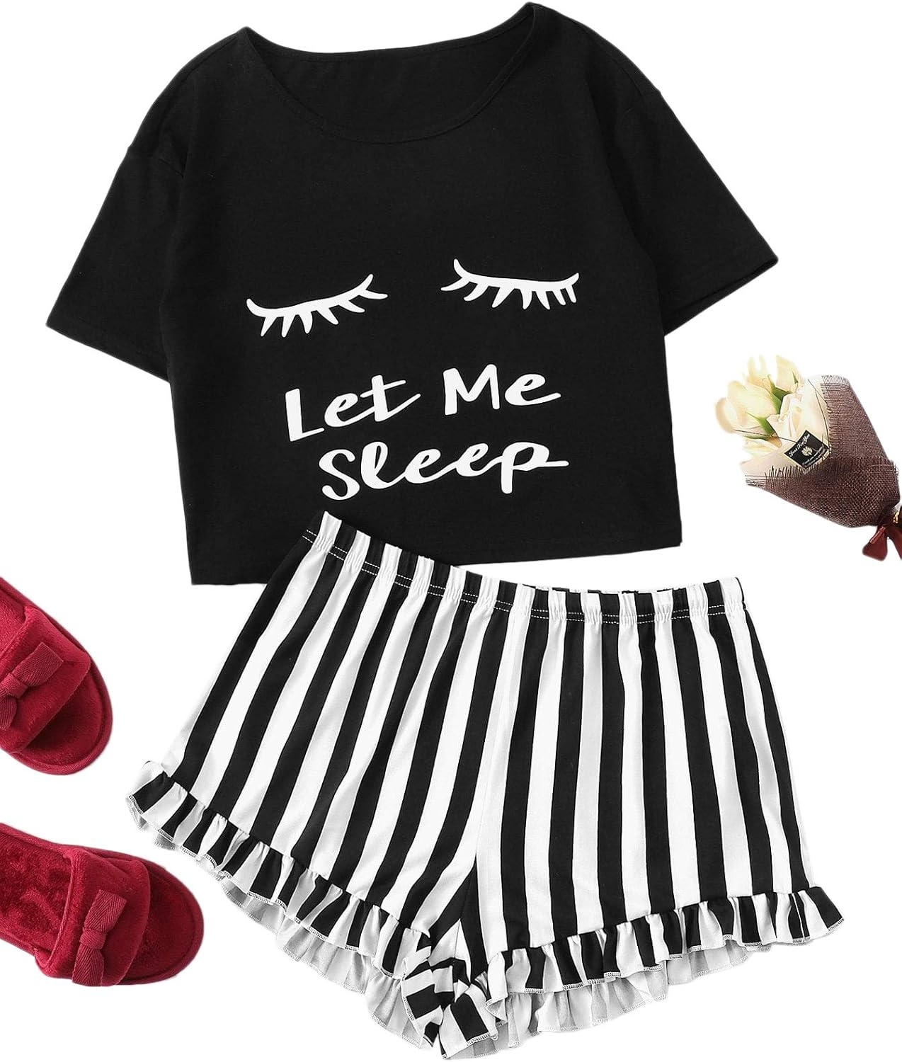 WDIRARA Women's 2 Piece Pajama Set Tee and Striped Shorts Cute Pjs Set Sleepwear Loungewear Outfits - Image 5