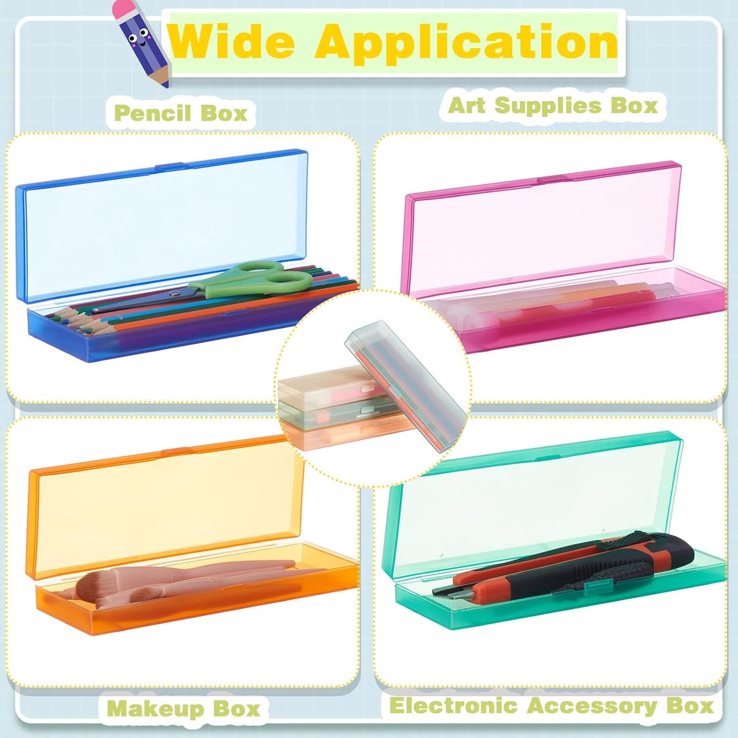 Fainne 80 Pieces Plastic Pencil Boxes Pencil Case Bulk Frosted Clear Multi Colored Pens Holder Stackable Container with Lid and Snap for Stationery School Office Classroom(Candy Color)
