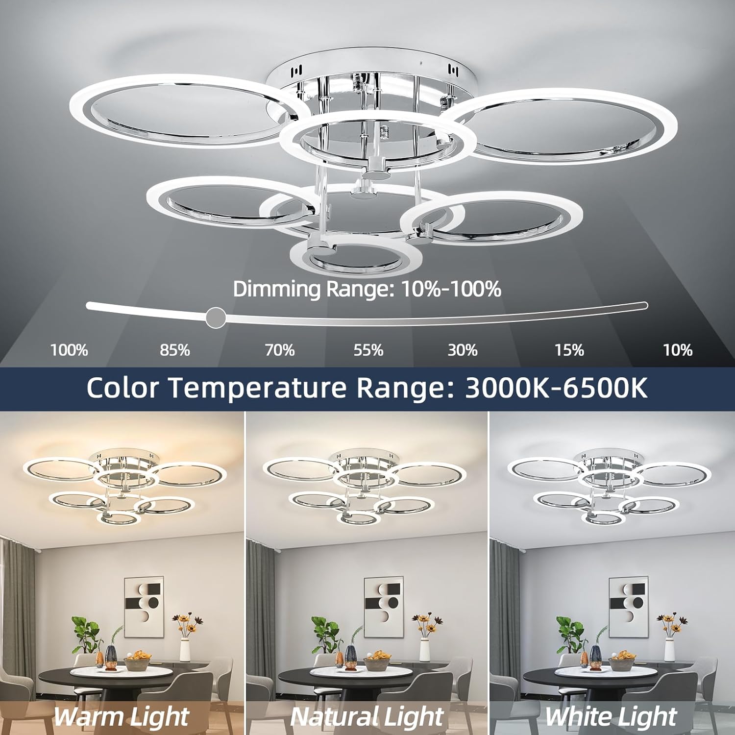 7-Ring Modern LED Flush Mount Ceiling Light - 31.8" Dimmable Close-to-Ceiling Fixture with Remote Control, 130W 3000K-6500K Adjustable Color Temperature for Bedroom, Living Room (Chrome)