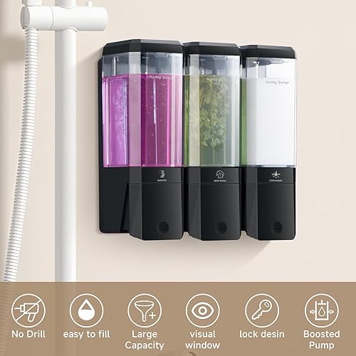 Miniatura 6 de Dispensador de jabón de ducha montado en la pared, champú acondicionador, dispensador de ducha para lavado corporal de 3 cámaras, sin taladro, Negro