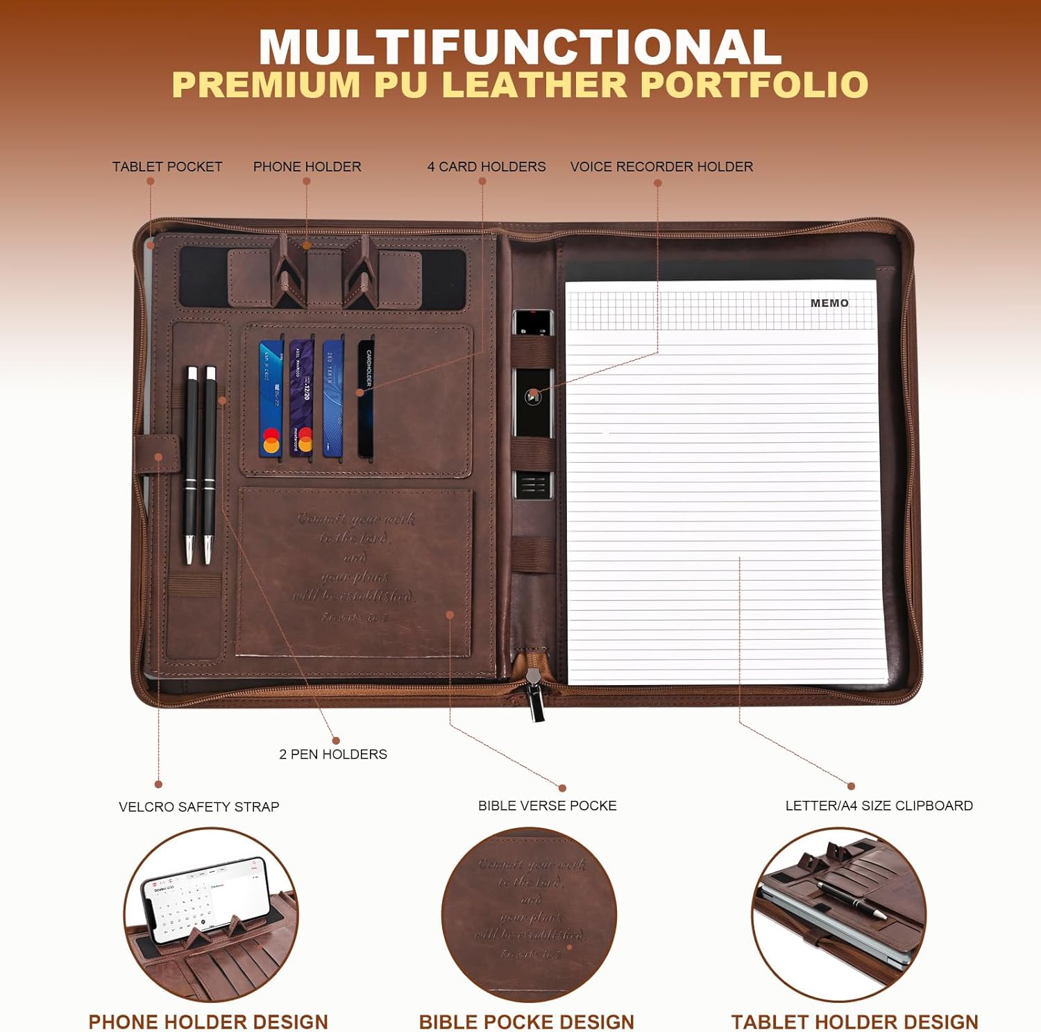 Leather Portfolio for Men and Women – Business Binder Portfolio, Professional Organizer for Men and Women, Christian Gifts, Laptop & iPad Case, Bible Notepad Holder (Brown)