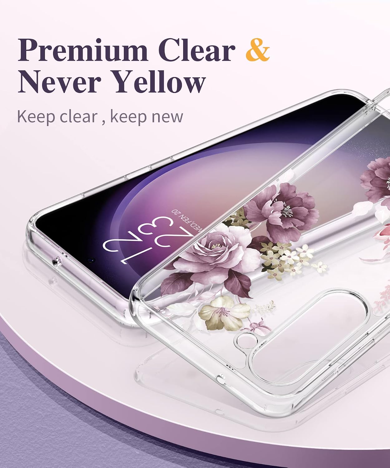 GVIEWIN Case Compatible with Samsung Galaxy S23 Case, with Screen Protector + Camera Lens Protector Floral Shockproof Clear Hard PC+Soft Bumper Women Phone Cover 2023 6.1" (Cherry Blossoms/Purple)