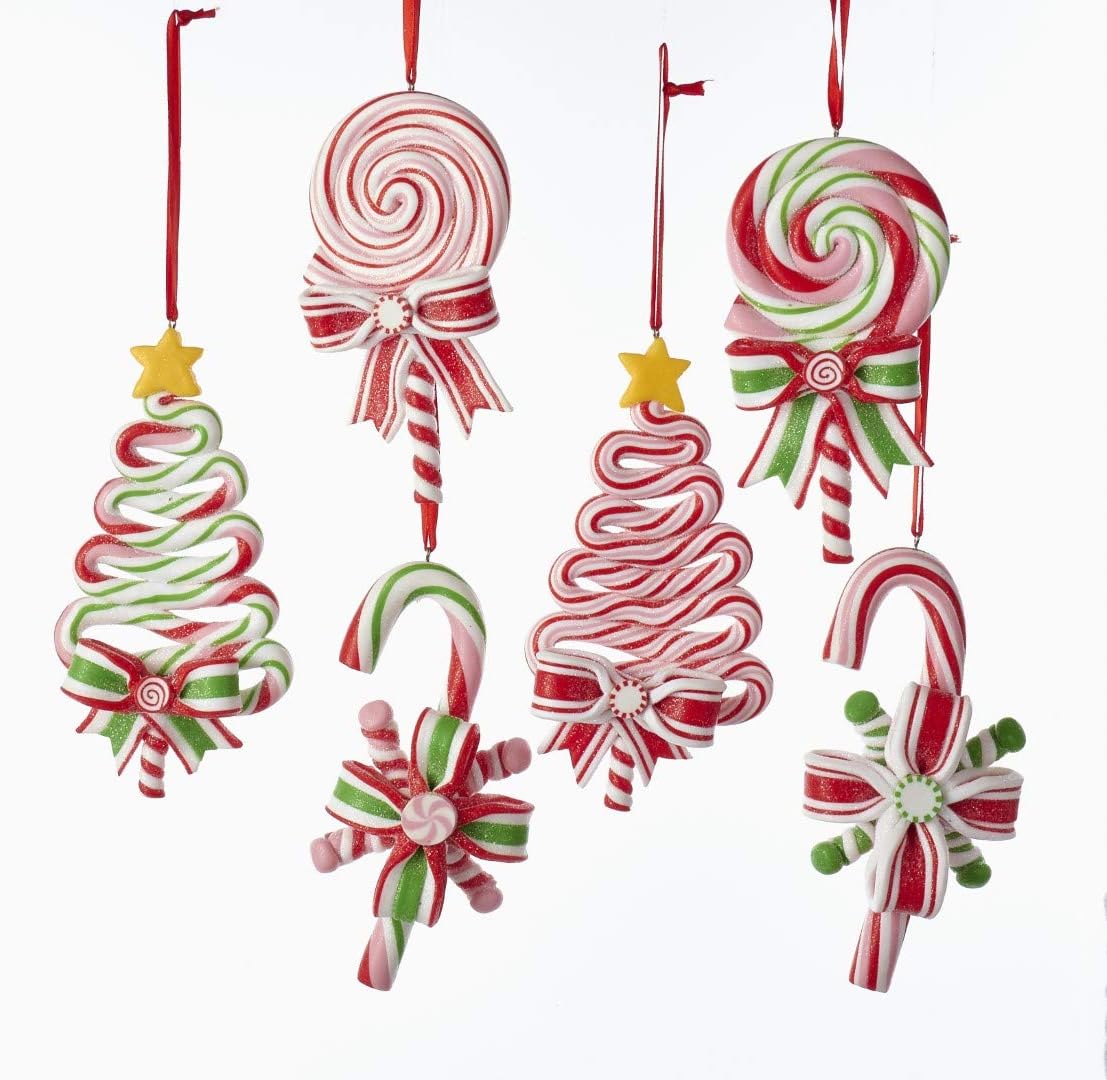 T2033 Kurt Adlerpeppermint Candy Lollipop Ornament - 6 Assorted: 2 Each Christmas Tree, Candy Cane And Round Lollipop