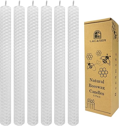 Lacaser - Juego de 6 velas cónicas de cera de abeja blanca, velas largas de 9 pulgadas para candelabros en color blanco, sin aroma y sin humo,