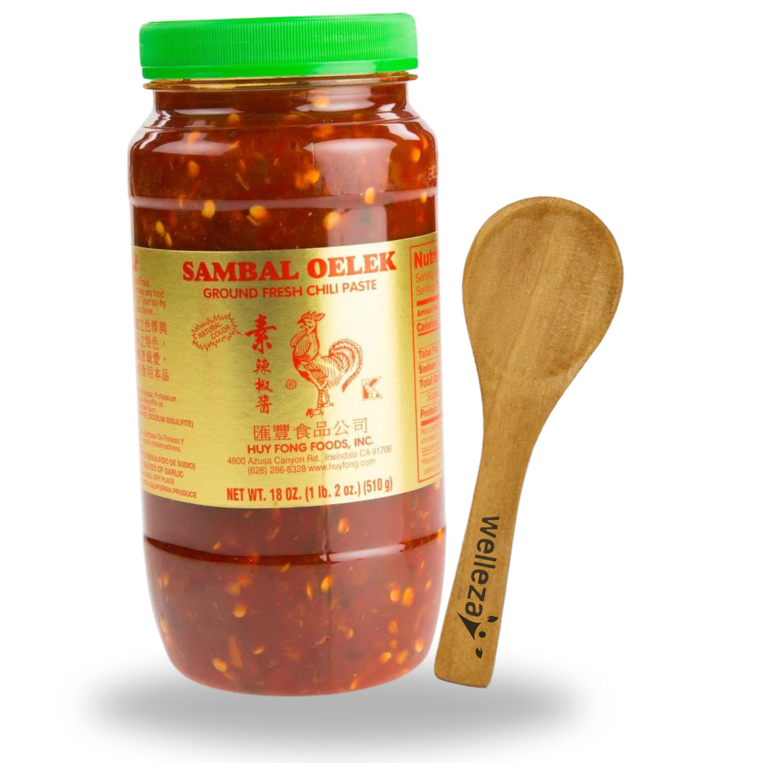 Sambal Oelek Chili Garlic Sauce Bundle - Garlic Chili Paste Huy Fong 18 Ounce with Welleza Bamboo Spoon for Sauce Spices Seasonings Kitchen Salt Sugar