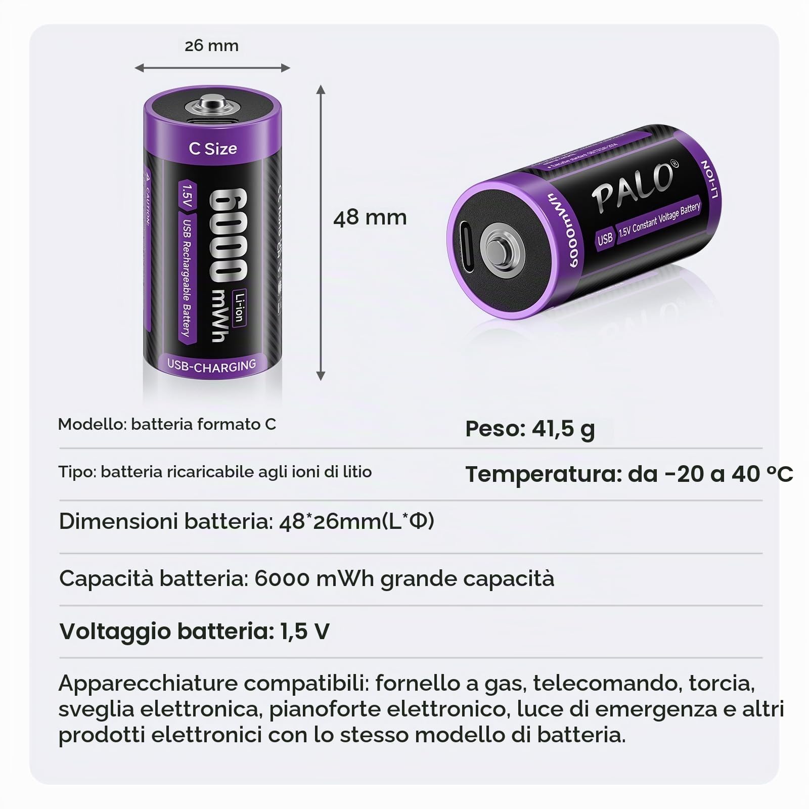 Batteria C USB-C 1,5 V Lr14 Batteria Litio 6000mWh a Ricarica Rapida Tipo C Batteria con Cavo Ricarica, Autoscarica Bassa, con Luce Ricarica, 1500+ Cicli, 6 Batterie C Ricaricabili