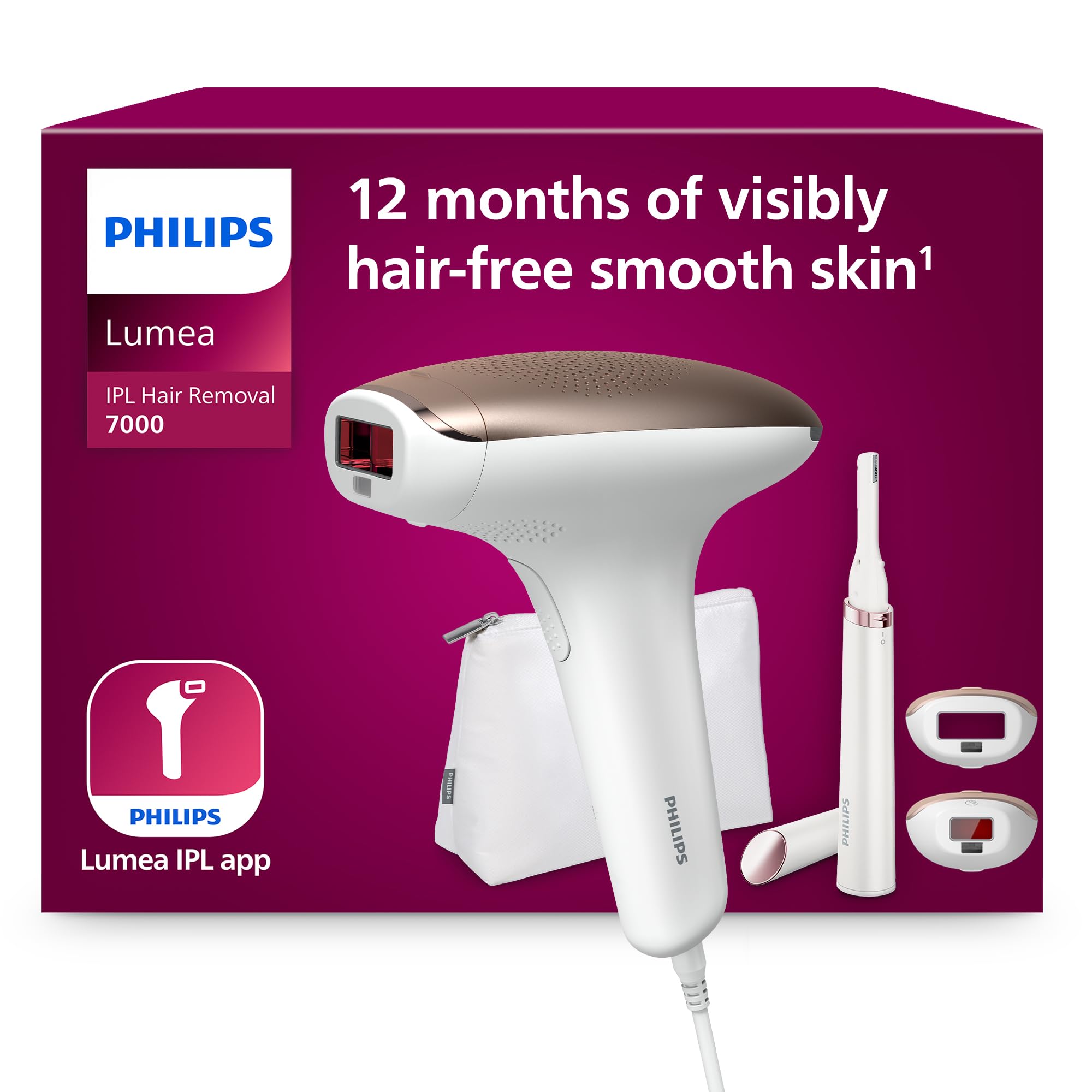 Philips Lumea 7000 Series, IPL Hair Removal Device, Laser Hair Removal Alternative, with Satin Compact Pen Trimmer, 2 Attachments for Body and Face, Model BRI921/00