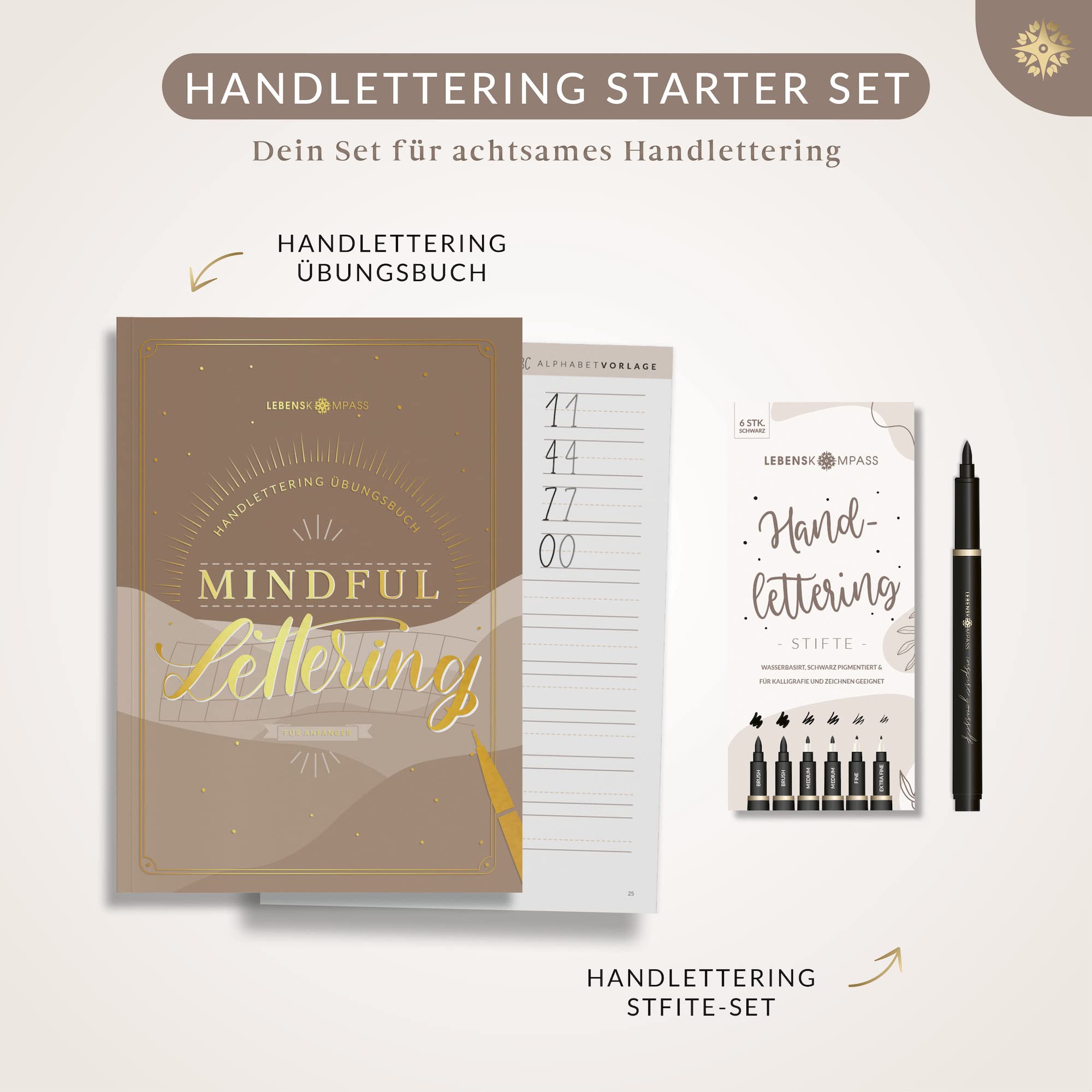 LEBENSKOMPASS Handlettering Starter Set mit Stiften und Buch für Anfänger ”Mindful Lettering” Kalligraphie und Hand Lettering lernen mit Übungsheft und Stiften