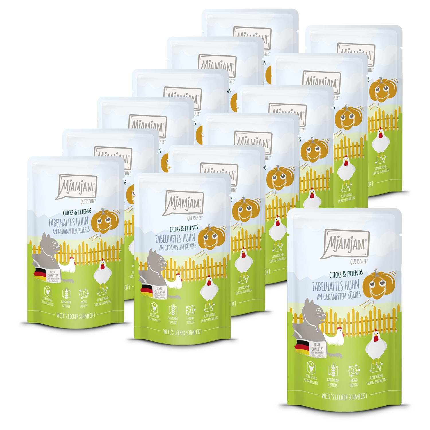 MjAMjAM - Premium wet food for cats - Quetschie - Chicks & Friends fabulous chicken with steamed pumpkin, 12 pack (12 x 125g), grain-free