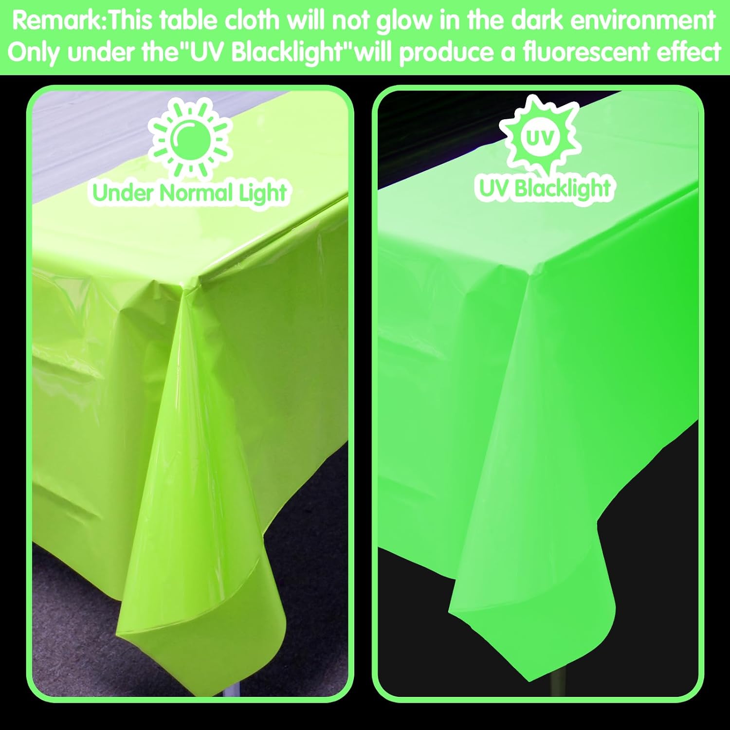 Neon Glow Party Table Cloth - 2 Pack, 54 x 72 Inch Waterproof Rectangle Tablecloths for Fluorescent,Brighten Up Your Photo Booth Space Glow in The Dark Party Supplies Table Cove (Macaron Green)