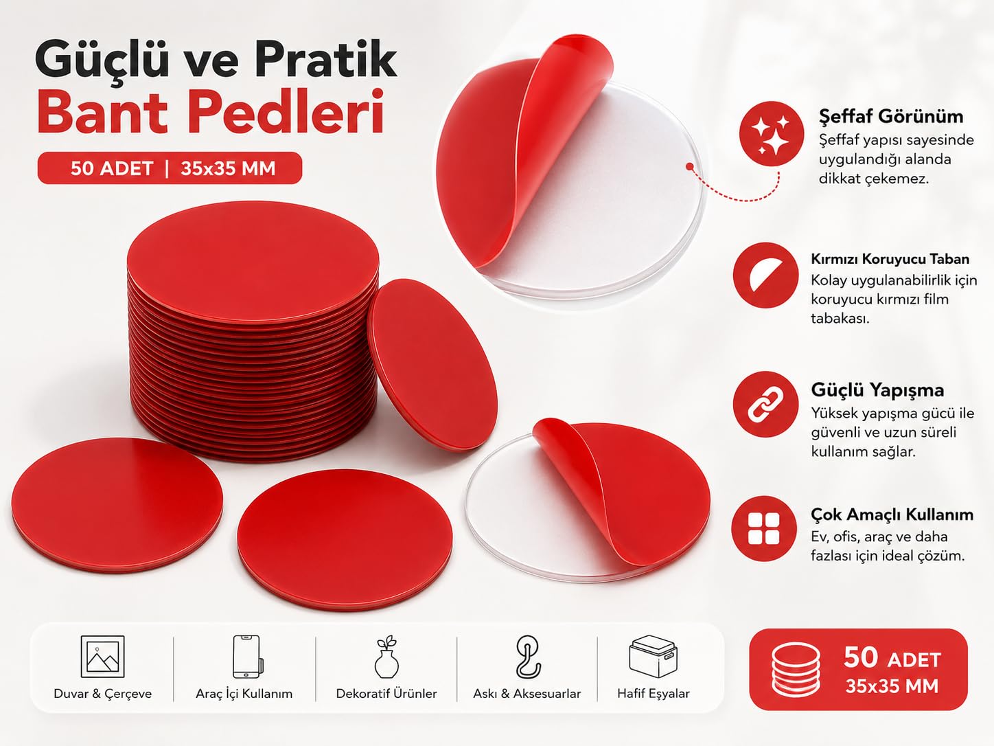 Alper Banyo 50 Adet 35x35 mm Oval Şeffaf Yapışkan Bant, Kırmızı Koruyucu Filmli Güçlü Montaj Pedi, Çift Taraflı İz Bırakmayan Çok Amaçlı Yapışkan Ped