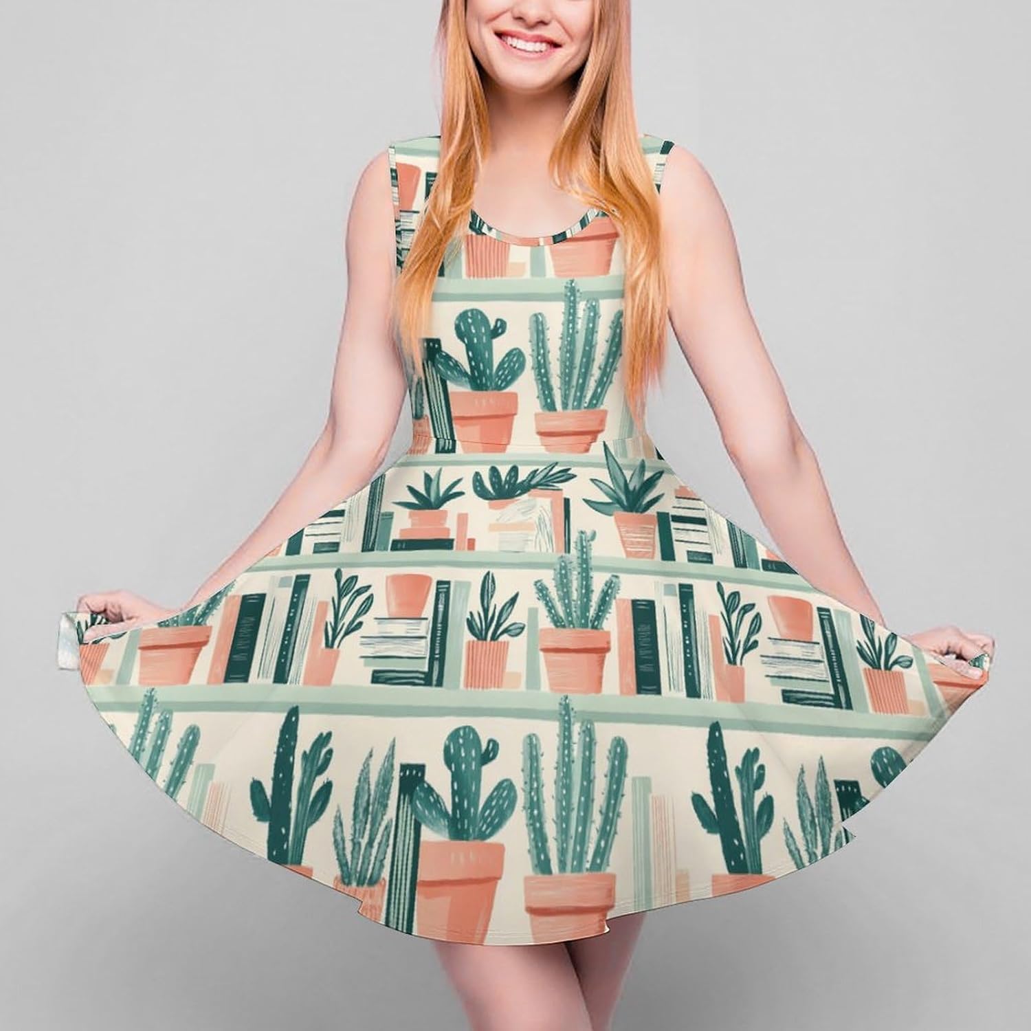 Succulents Potted Plants Books Women's Dresses Round Neck Dress Sleeveless Tank Dress Ruffle Hem Sundress