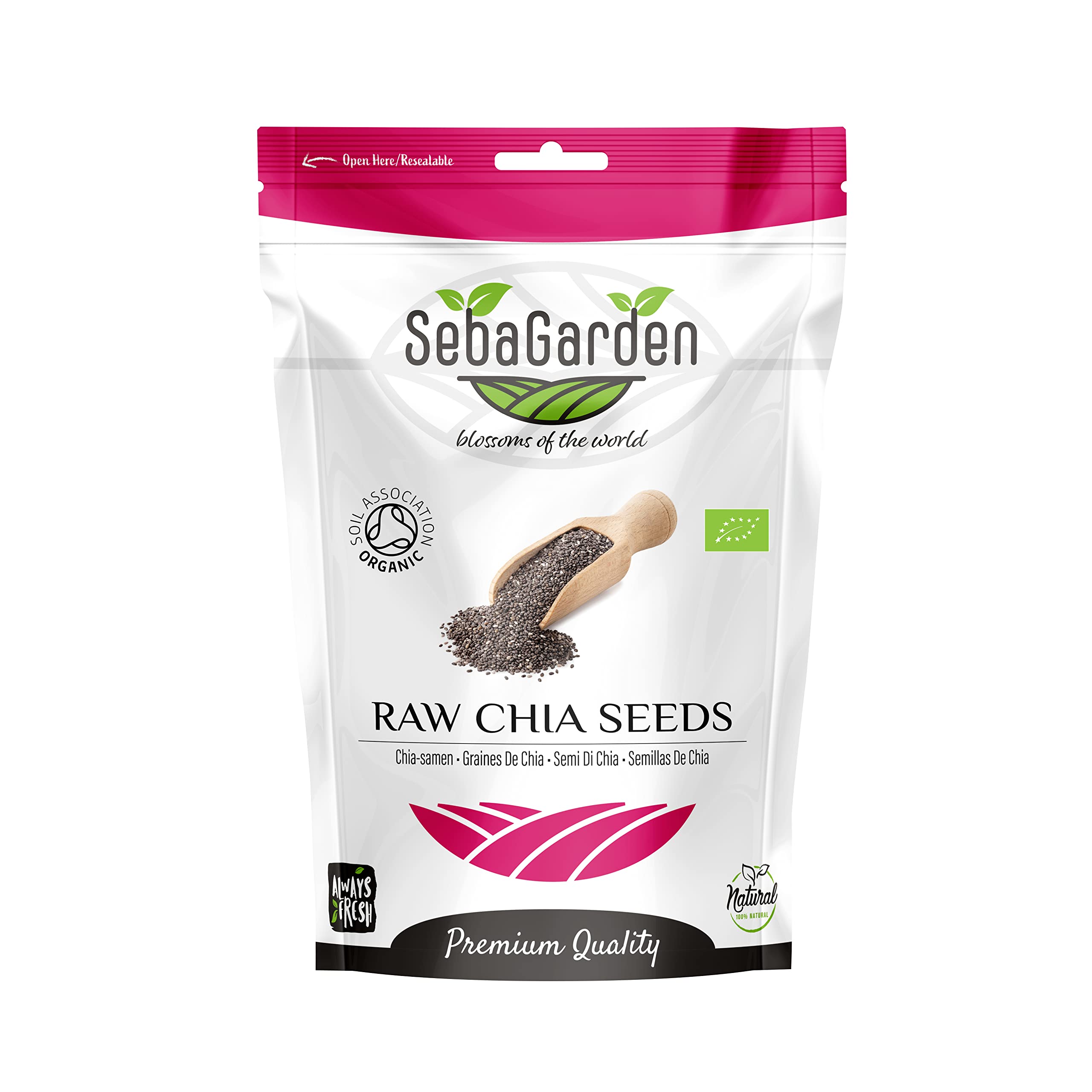 Seba Garden Organic Premium Nutrient-Dense Raw Black Chia Seeds 1kg (2.2lb) with 5g Protein & 10g Fiber for Salads, Yogurt & Smoothies, Non-GMO, Vegan, Gluten-Free, Keto & Paleo
