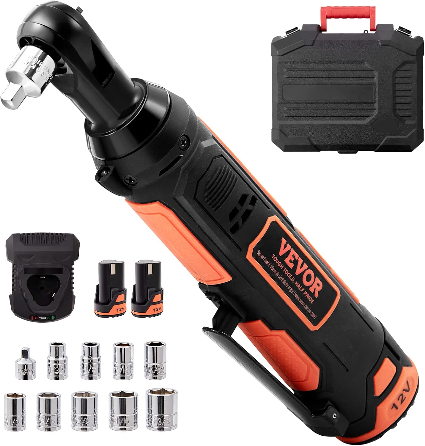 VEVOR 3/8 Cordless Electric Ratchet Wrench Set, 33 Ftlbs 12V Power