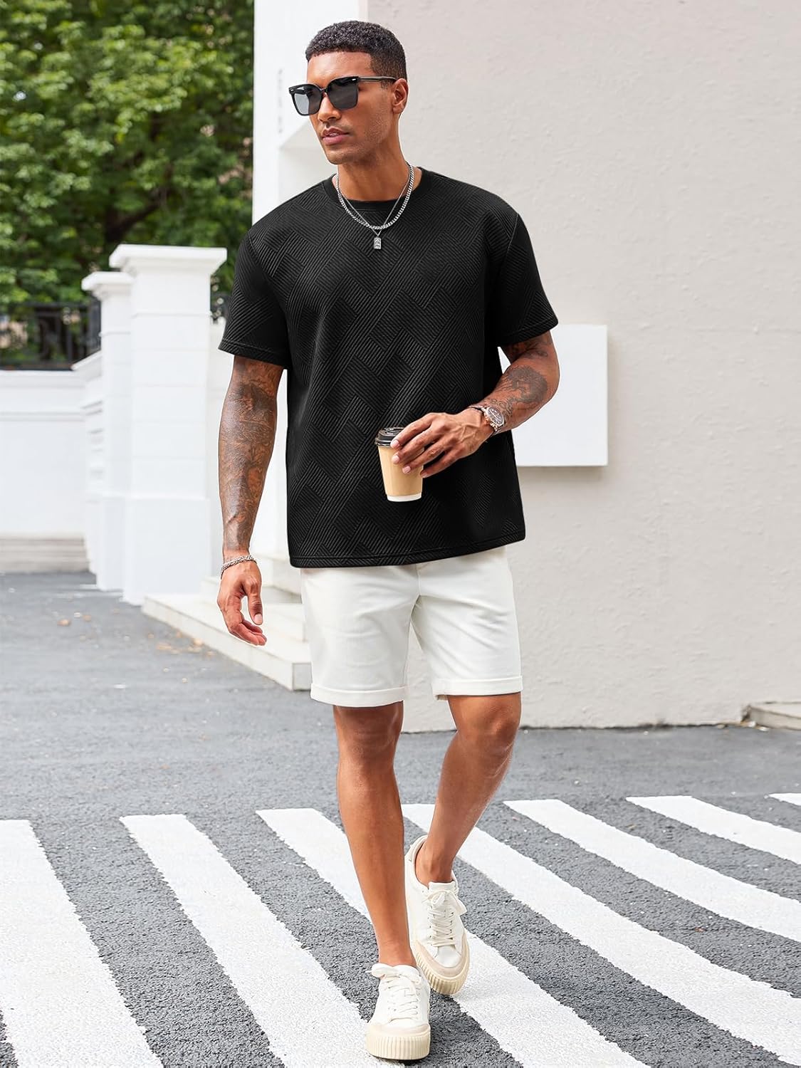 Runcati Men's Casual T-Shirts Short Sleeve Crewneck Summer Stretchy Shirt Textured Jacquard Tops - Image 4