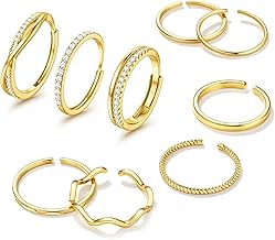 Jstyle Gold Stackable Rings for Women Non Tarnish Open Adjustable Rings Cubic Zirconia Thin Thumb Silver Ring Set 14K Gold Filled Pinky Knuckle Stacking Set - Dainty Statement Promise Band Ring Sets