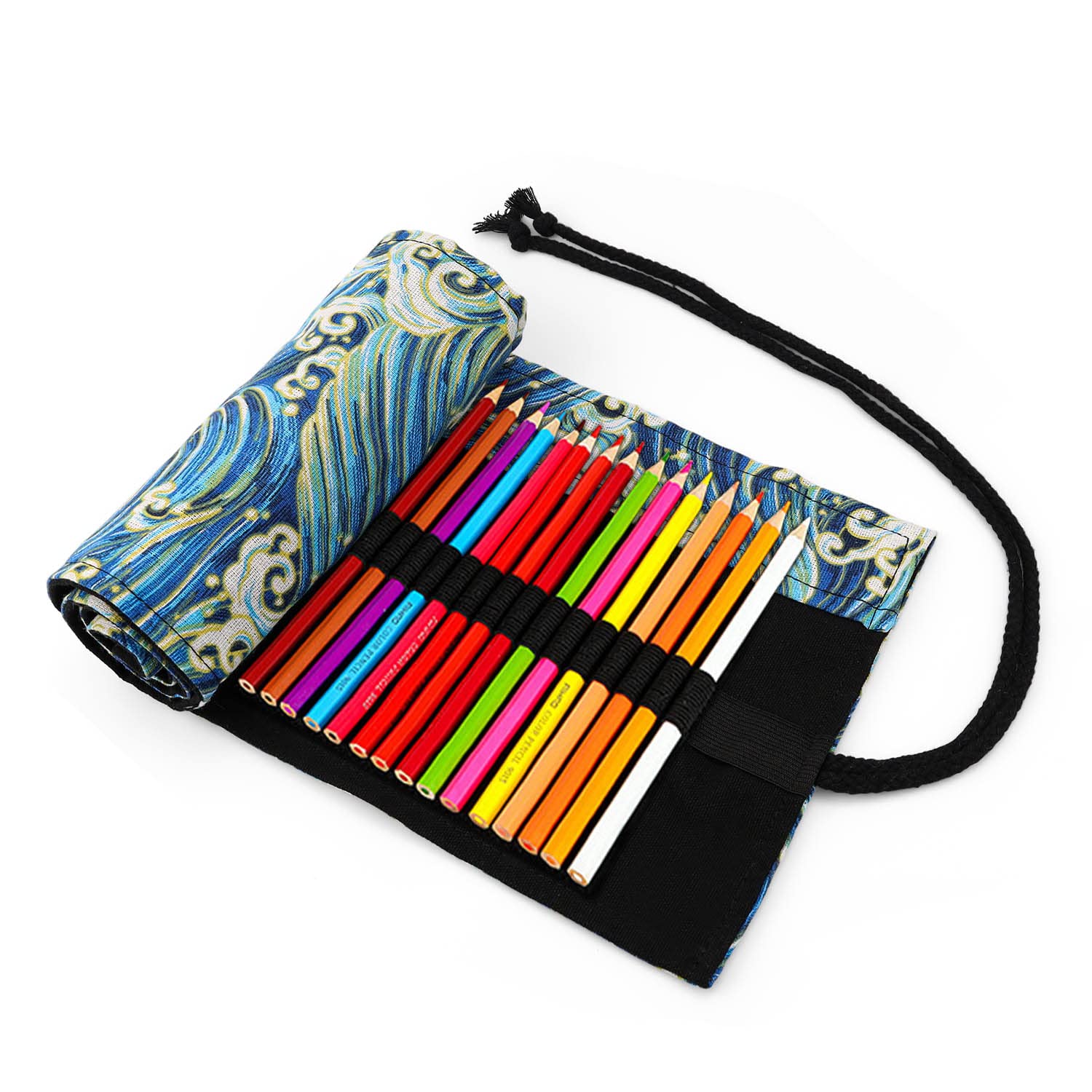 CHSEROK Estuche enrollable para pinceles de pintura, lona, envoltura para lápices de dibujo y lápices de pintura. Se puede utilizar, Ondas impresas en oro, B, Mochila escolar