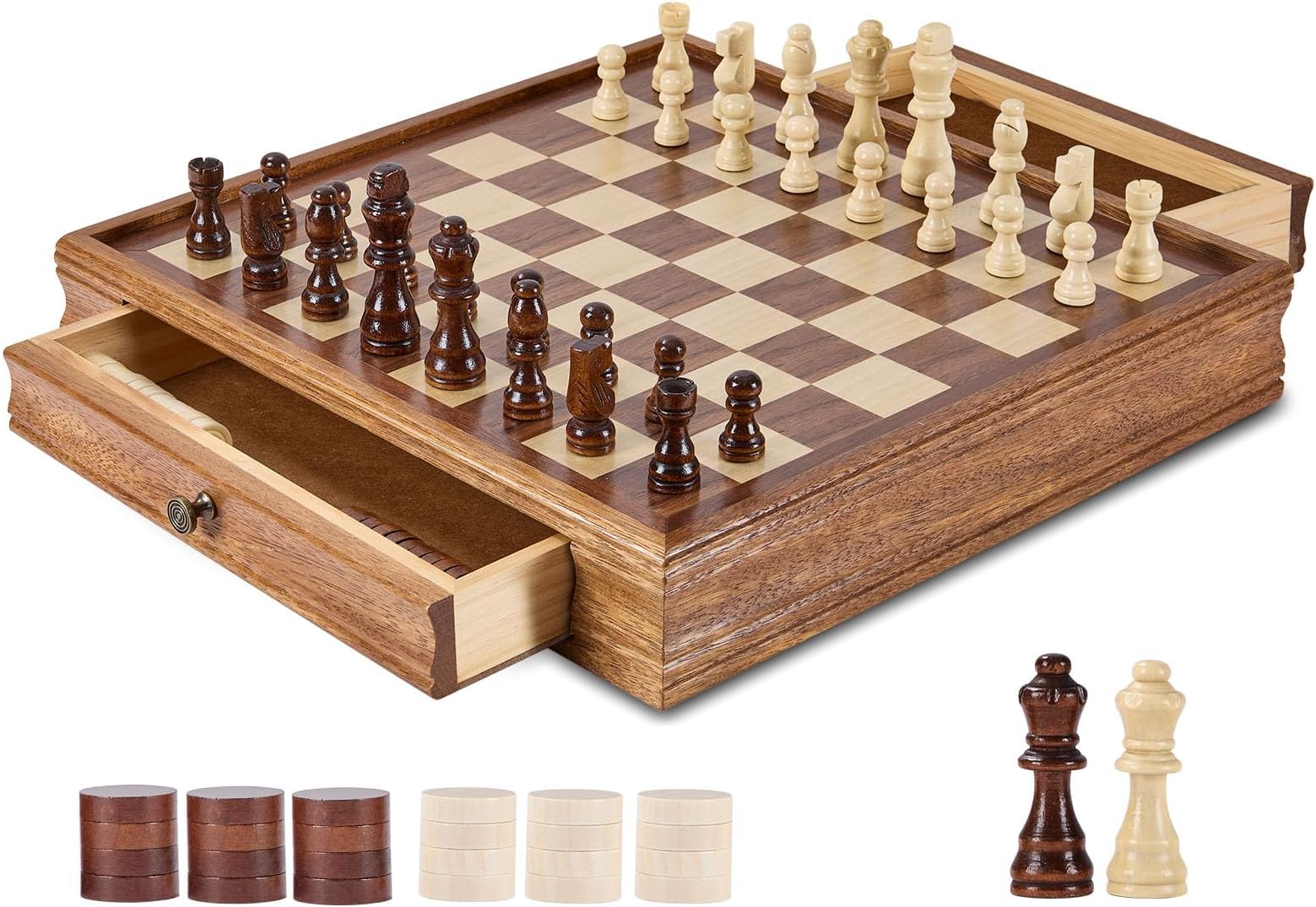 VEVOR Solid Wood Chess Set, 15 inch 2-in-1 Chess Checkers Game Set, Chess Board Games with Storage Drawer & Weighted Chess Checkers Pieces & 2 Queens, Christmas Crafts Xmas Gift