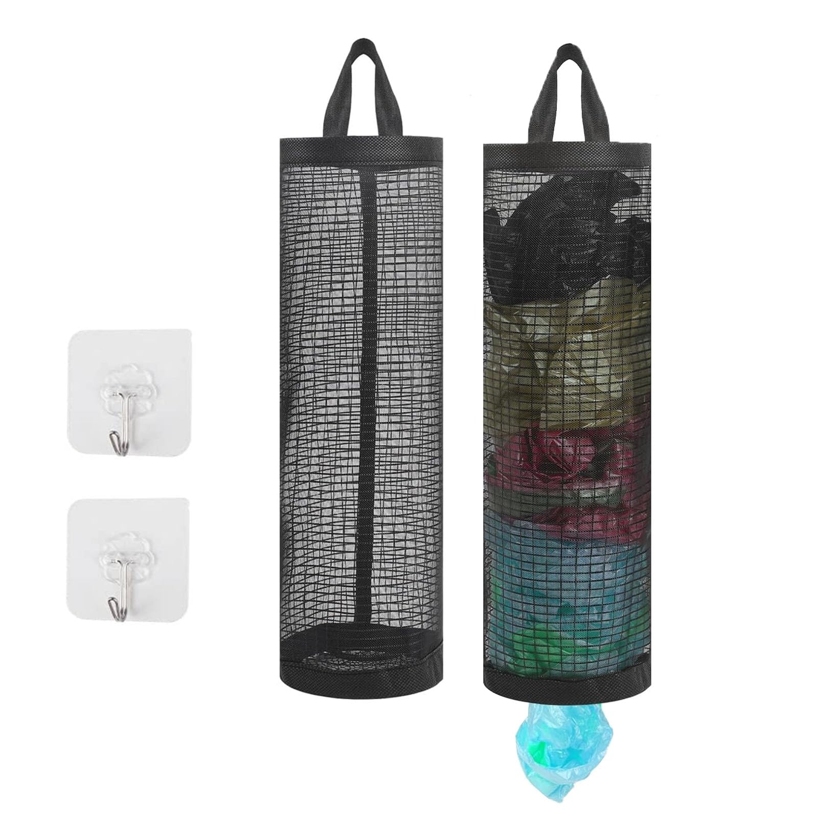 2 Pcs Plastic Bag Holder, Carrier Bag Storage with 2 Sticky Hooks, Mesh Hanging Grocery Plastic Bag Storage Holder, Black