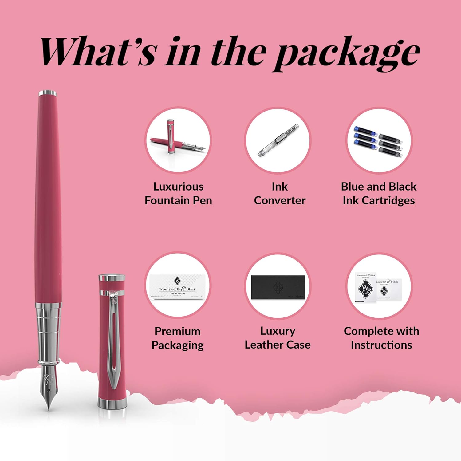 Wordsworth & Black Bundle of Fountain Pen Set, Medium Nib, Includes 6 Ink Cartridges and Ink Refill Converter, Gift Case With 50ML Fountain Pen Ink Bottle, Premium Luxury Edition