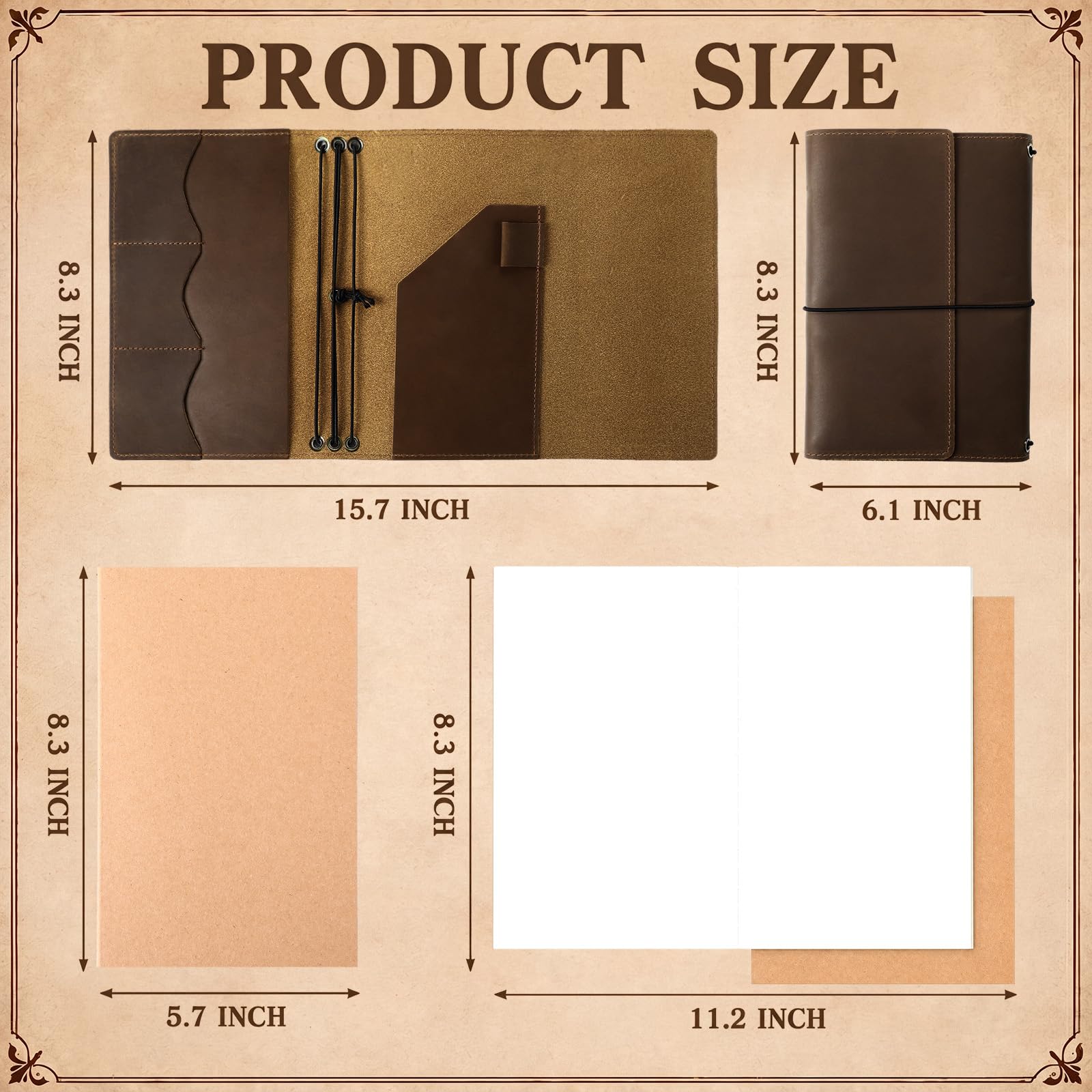 Sabary Juego de 4 fundas de cuero para diario de viajeros, tamaño A5, rellenables, 3 bolsillos interiores A5, ranuras para tarjetas, soporte para bolígrafos, para hombres y mujeres, regalo para