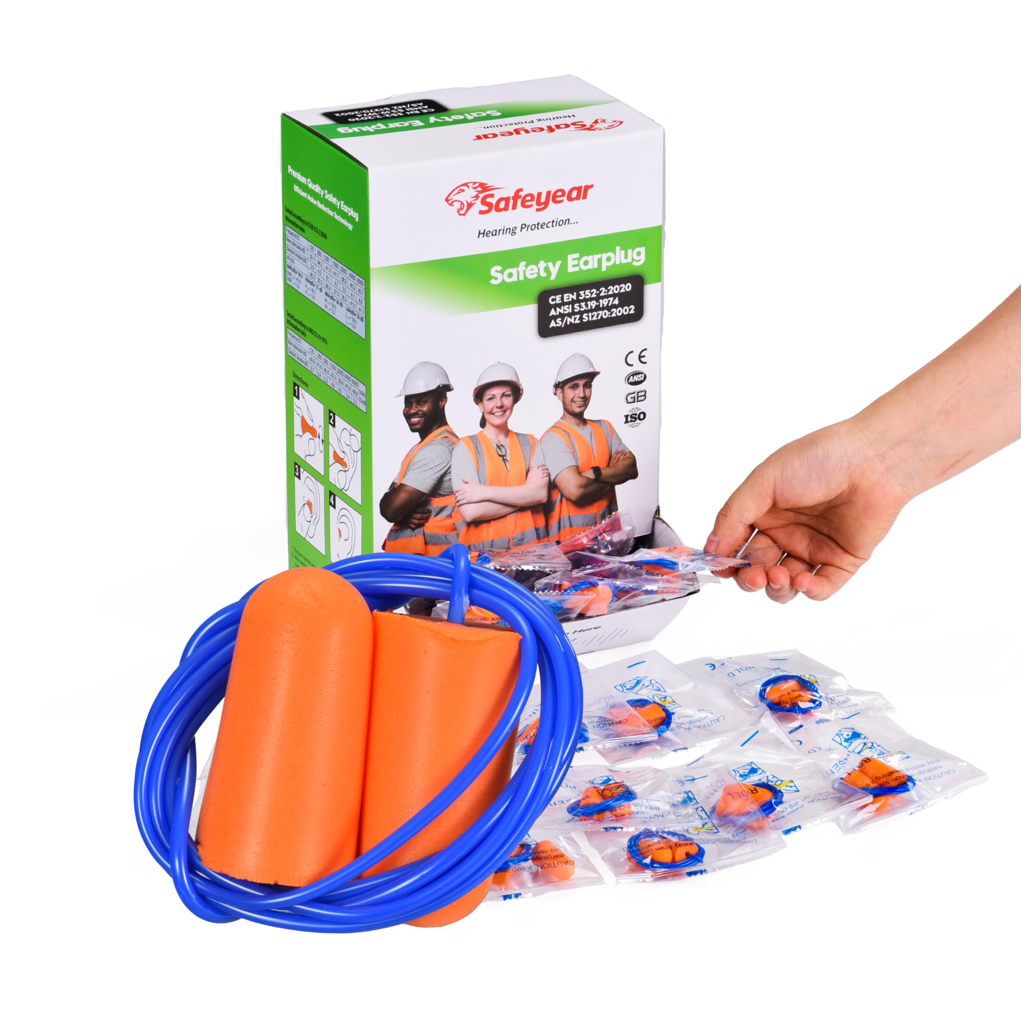 SAFEYEAR 100 pares de tapones para los oídos de espuma de poliuretano suave con cuerda, cancelación de ruido de 38 dB SNR, rebote lento, reducción de ruido, tapones de seguridad para dormir