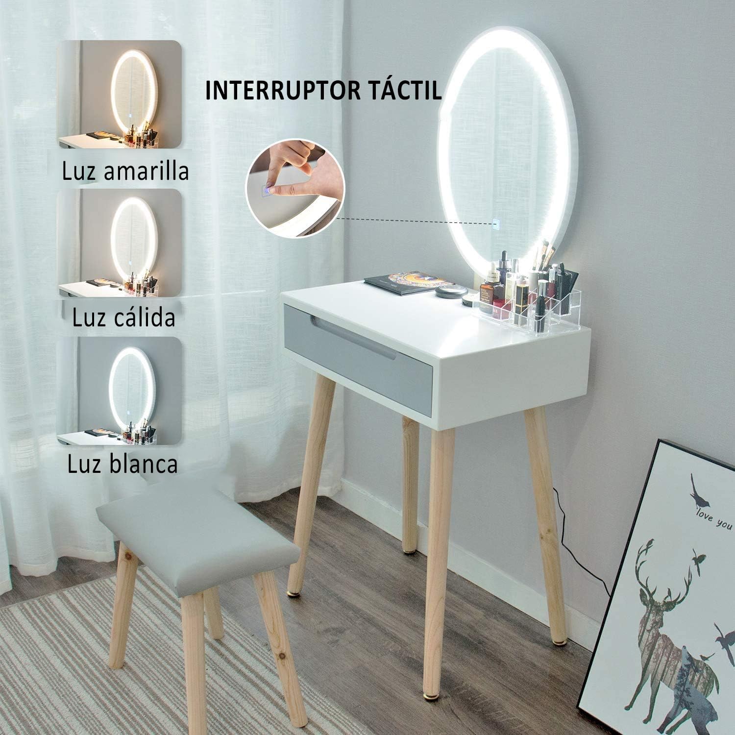 YU YUSING Coiffeuse LED Lumière Dimmable Table De Maquillage Avec Miroir Et Tabouret Table De Maquillage Avec 2 Spacieux Tiroirs Coulissants Blanc Rectangle YU YUSING Coiffeuse LED Lumière Dimmable Table De Maquillage Avec Miroir Et Tabouret Table De Maquillage Avec 2 Spacieux Tiroirs Coulissants Blanc Rectangle