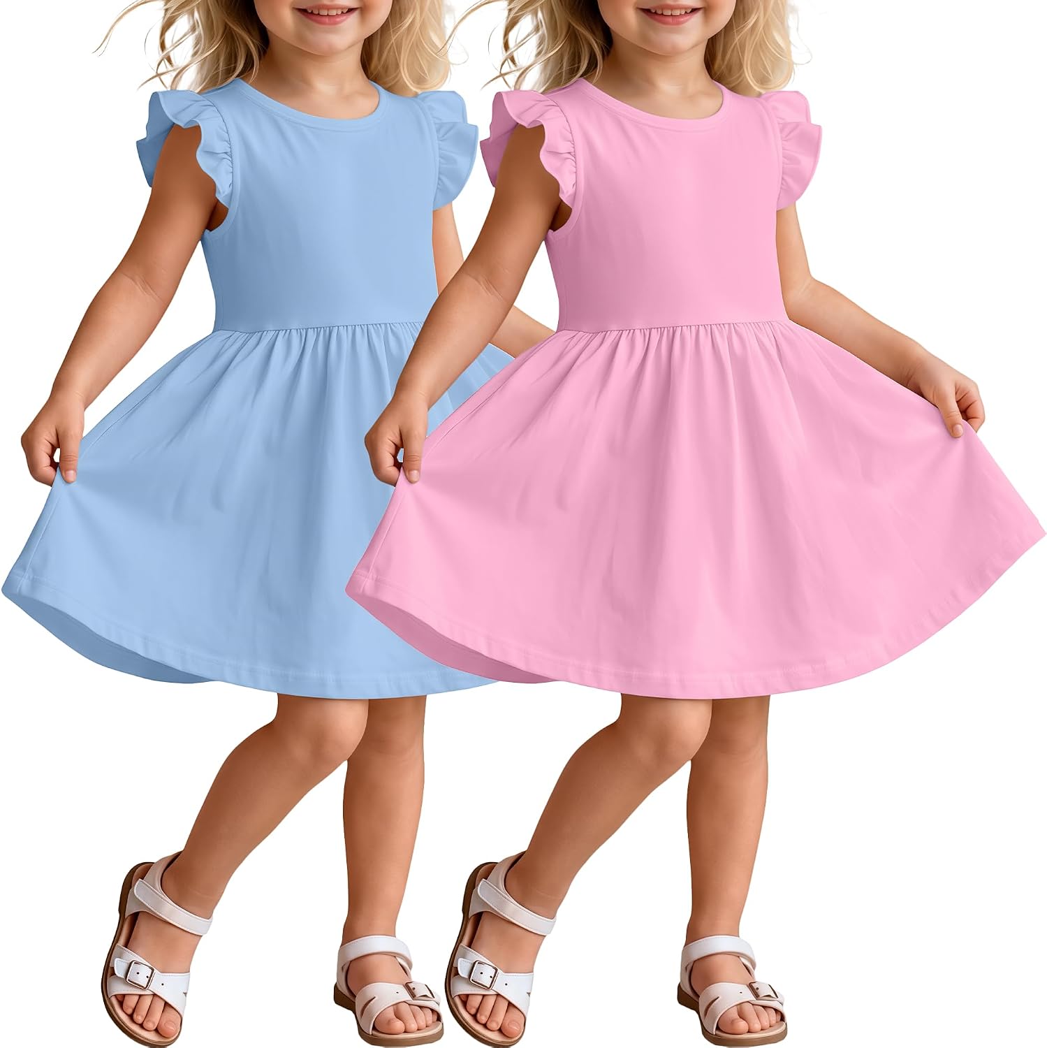 2 Pack Toddler Girls Flutter Sleeve Dresses Kids Short Sleeve Ruffle Bottom Sundress Casual Summer Cute Dress