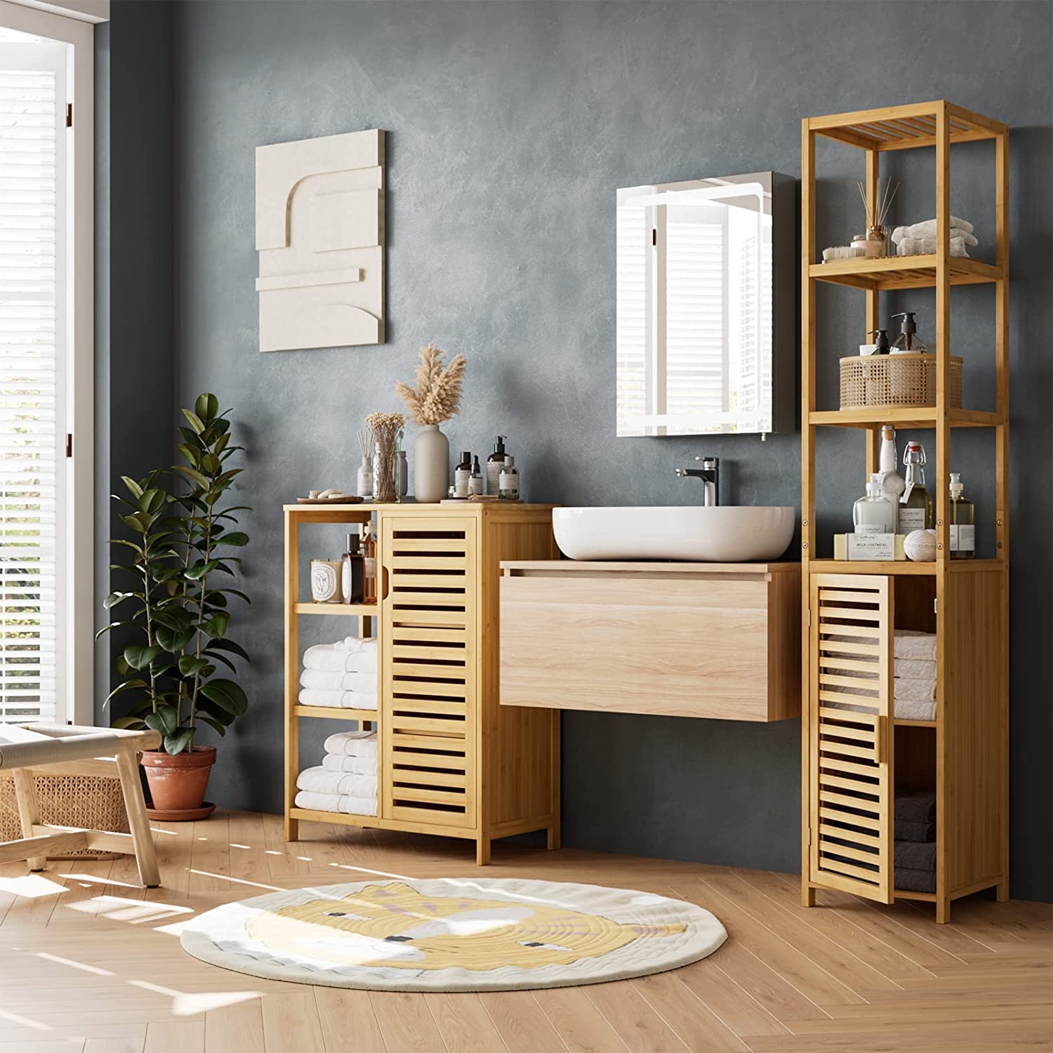 FOREHILL Mobile da Bagno Salvaspazio,Armadietto da Bagno a Colonna in bambù,Mobile da Terra a 3 Ripiani e 1 Ante,Mobiletto Autoportante da Angolo per Cucina Soggiorno 33x34x169cm