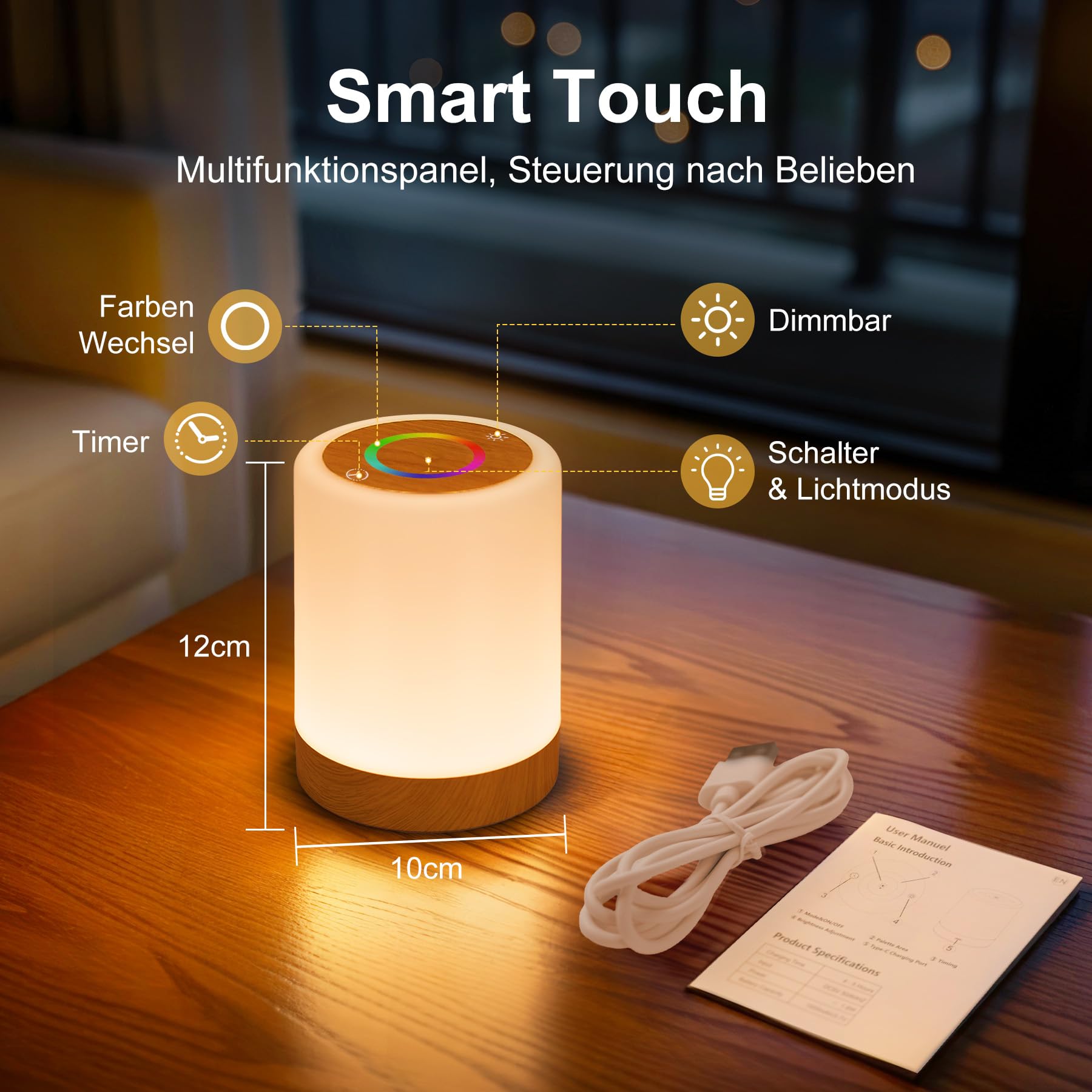 LED Nachttischlampe Touch Dimmbar 2er Set, Tischlampe Kabellos Batterie mit Timing und Memory Funktion, Stilllicht Kinder Nachtlicht Dimmbar mit 256 RGB Farben für deko Wohnzimmer Schlafzimmer