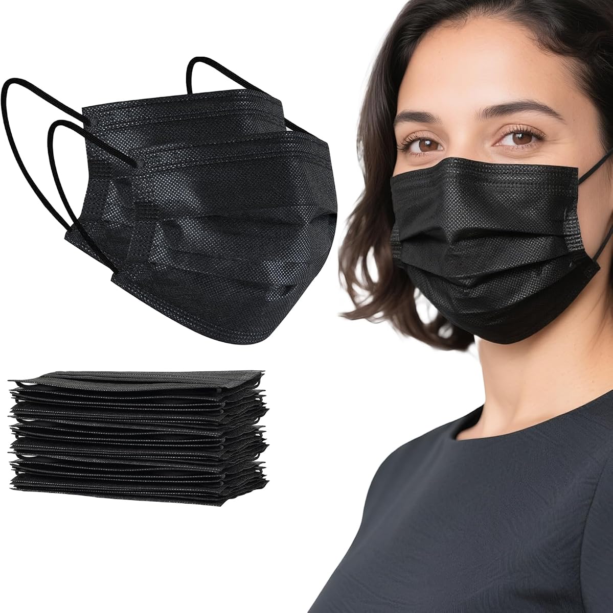 akgk 100 mascarillas desechables, mascarilla negra, mascarilla desechable de 3 capas | Máscara transpirable para adultos, ideal para exteriores, hogar, oficina, escuela.