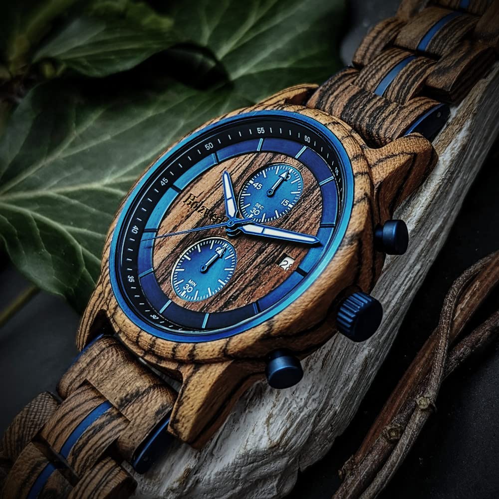 Holzwerk Germany Orologio da uomo di design, realizzato a mano, in legno naturale, cronografo, analogico, al quarzo, marrone e blu, con data, in legno, blu e marrone, Moderno