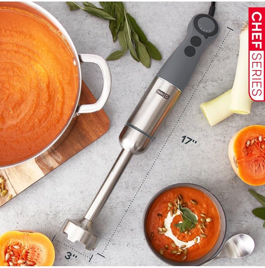 Dash Chef Series Deluxe Immersion Hand Blender Set, 5 Speed, 330W with Food Processor, Whisk, Masher & Dough Hook Attachments, Stainless Steel Blades for Soups, Sauces, Smoothies & Purées - Cool Grey