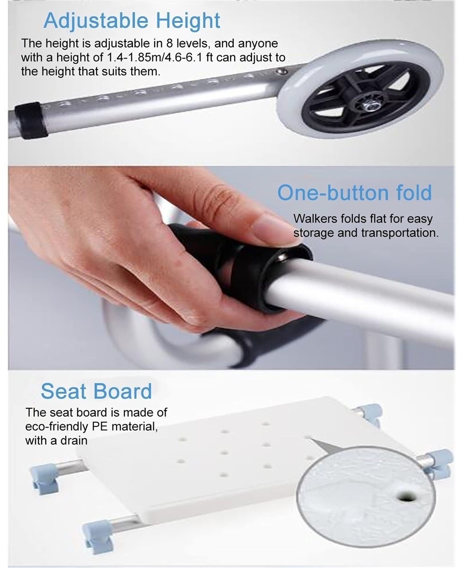 Andador Plegable y Ligero con Asiento, Ayuda portátil para Caminar para Personas Mayores o discapacitadas, Ideal para Interiores y Exteriores, Silla de baño y Ducha (con Ruedas) (sin Ruedas)