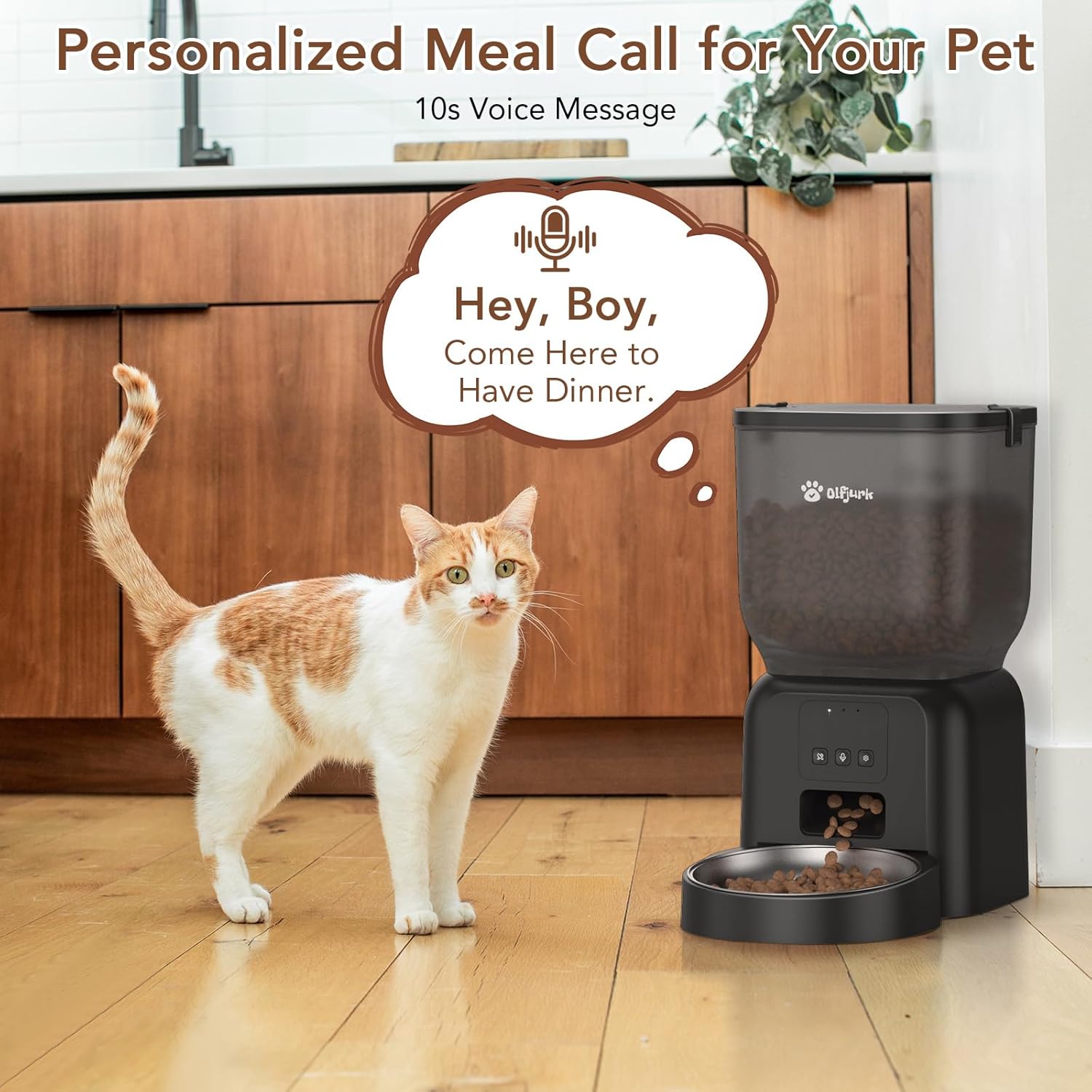 Olfjurk Automatic Pet Feeder with a cat looking at it, and a speech bubble indicating a recorded voice message.