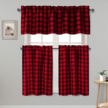 Hiasan 3 Piece Semi Sheer Kitchen Curtains - Light Filtering Buffalo Plaid Tier and Valance Window Curtains Set, Black and Red, 52 W x 18 L 1 Panel + 26 W x 24 L 2 Panels