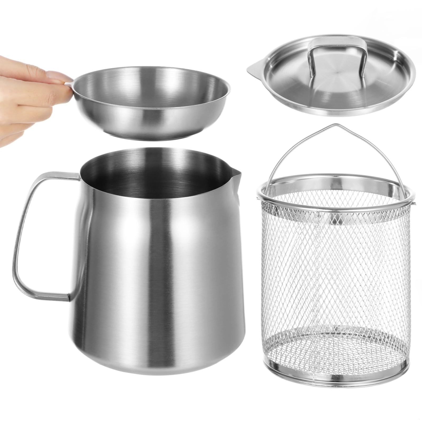 Pot de filtre à huile en acier inoxydable de 2 L, pot de cuisine multi-usage avec passoire à mailles fines, panier à frire et couvercle pour filtrer le thé, le café et l'huile