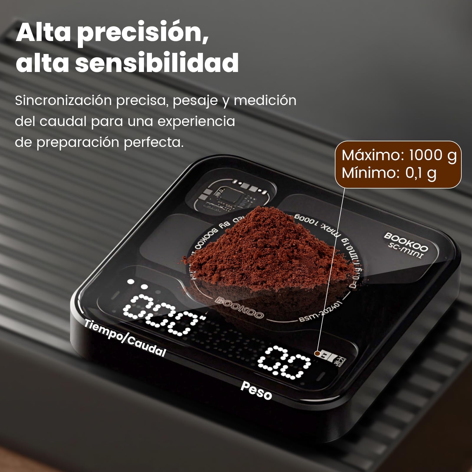 BOOKOO Báscula de Café con Temporizador, 0,1 g & 0,1 g/s de Alta Precisión, USB Recargable Báscula de Espresso, 3 Modos, Conexión Bluetooth App, Mini Báscula Precisión para Café Espresso y Pour-Over