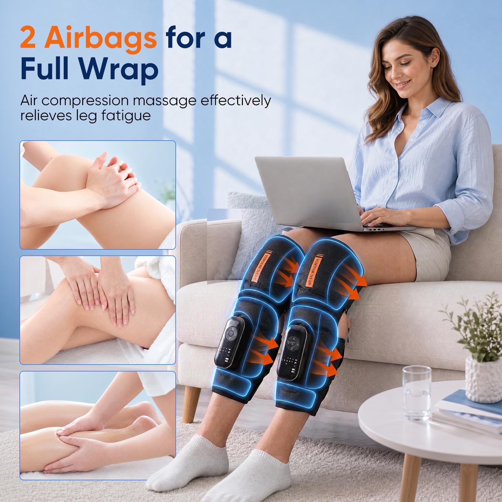 Kabelloses Beinmassagegerät mit Heizung, 2 Airbags Luftkompressionsmassage für Oberschenkel Knie Waden, 4 Modi 5 Intensitäten 3 Heizstufen, EMS-Vibration, HD-Bildschirm, 2500mAh Akku