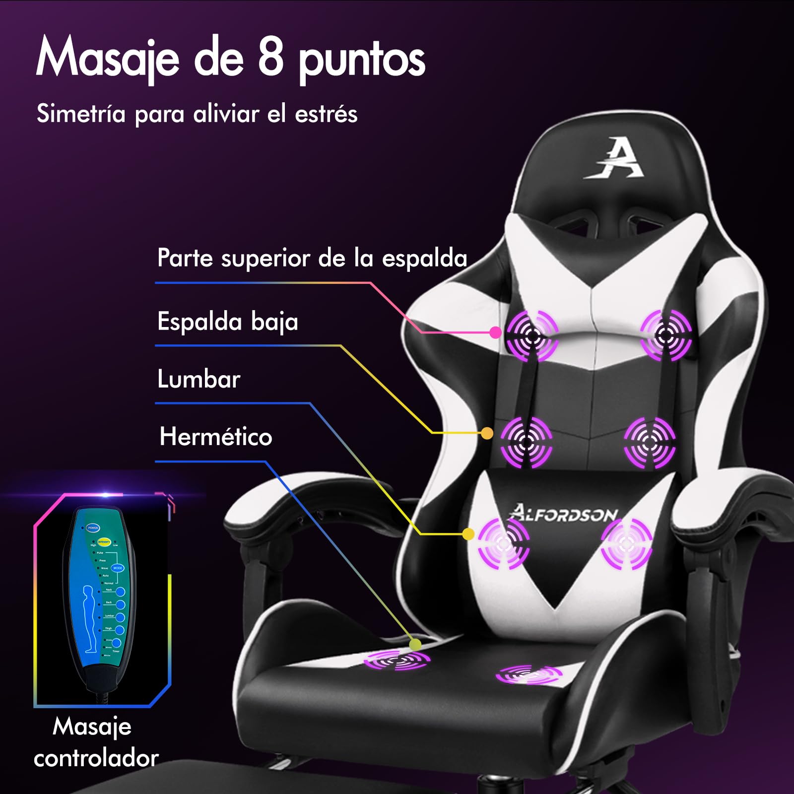 ALFORDSON Silla Gaming Profesional con Masajeador, Silla Ergonómica Gamer, Altura Regulable Silla con Apoyo Lumbar y Reposacabezas, Respaldo Inclinable hasta 150°, Giratoria de 360°, Cuero PU(Blanca)