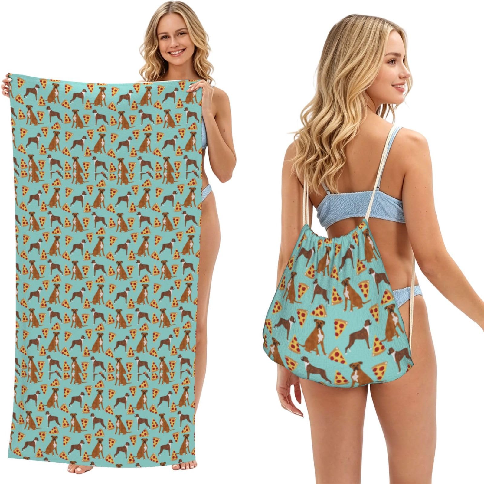 Poadnly As Picture Boxer Dog, 2 In 1 Packable Towel Bag, Beach Towels With Drawstring Backpack For Travel Holiday Camping