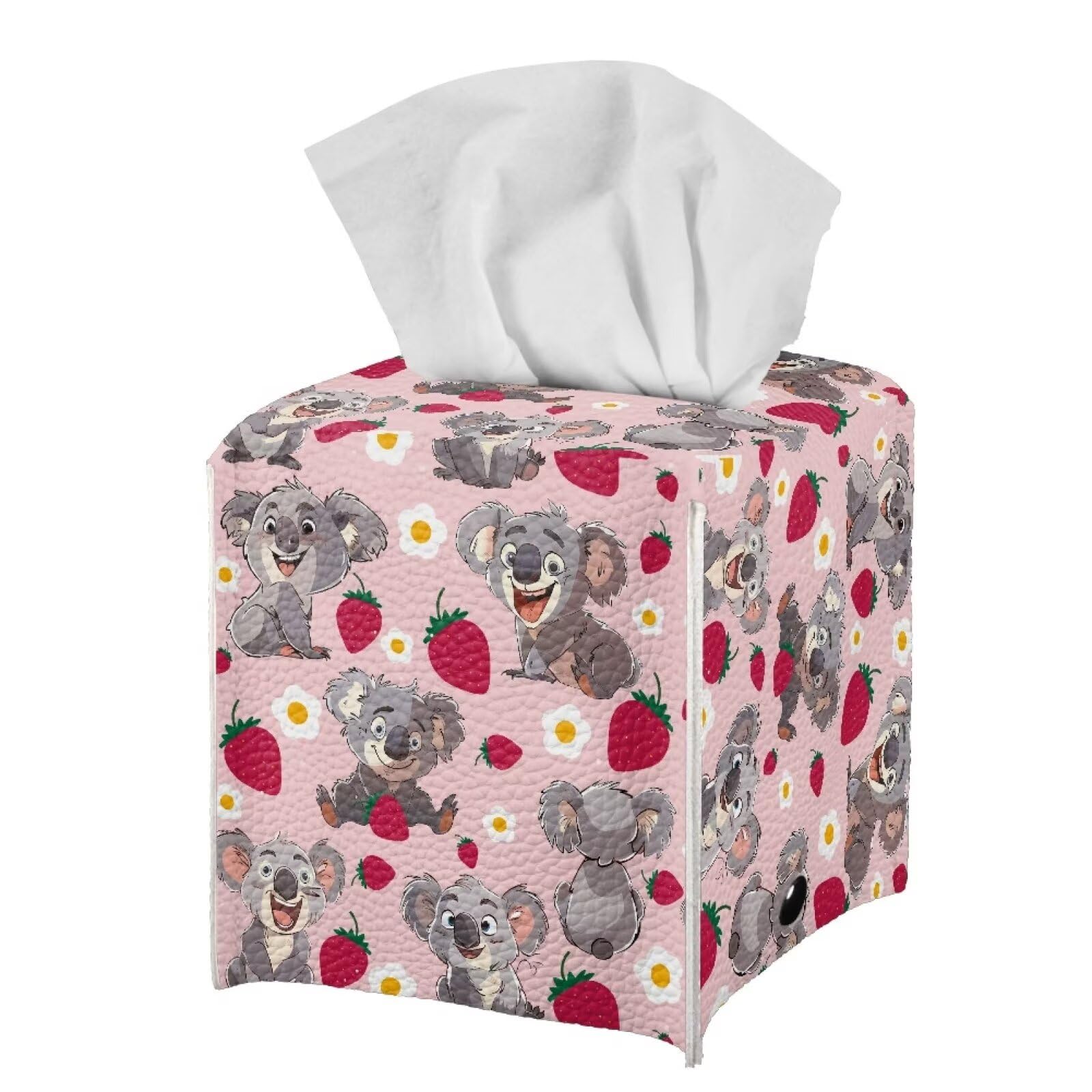 Modern PU Leather Tissue Cube Holder Strawberry Koala Tissue Box Cover for Living Room Bedroom Print Square Tissue Box Holder Pink Desk Nightstand Facial Paper Organizer Home Decor